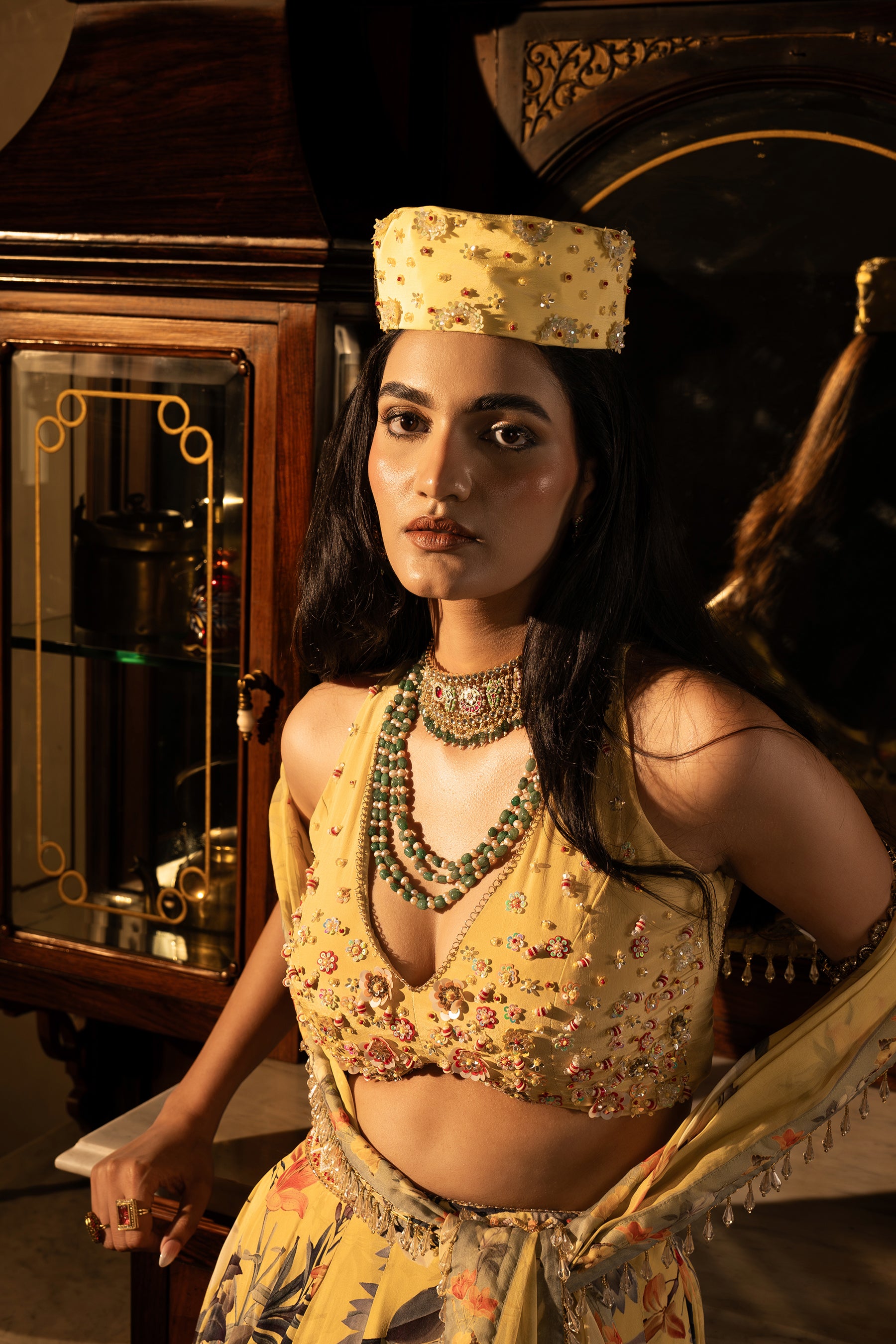Misted Yellow Paneled Lehenga Set