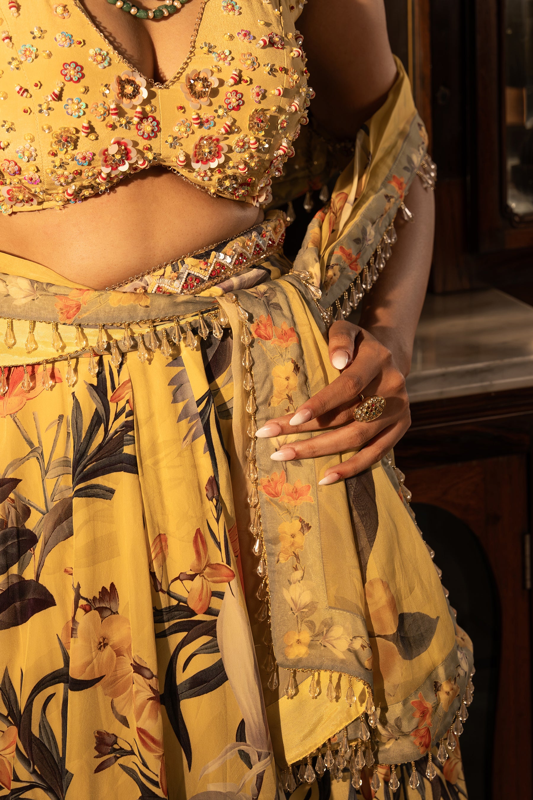 Misted Yellow Paneled Lehenga Set