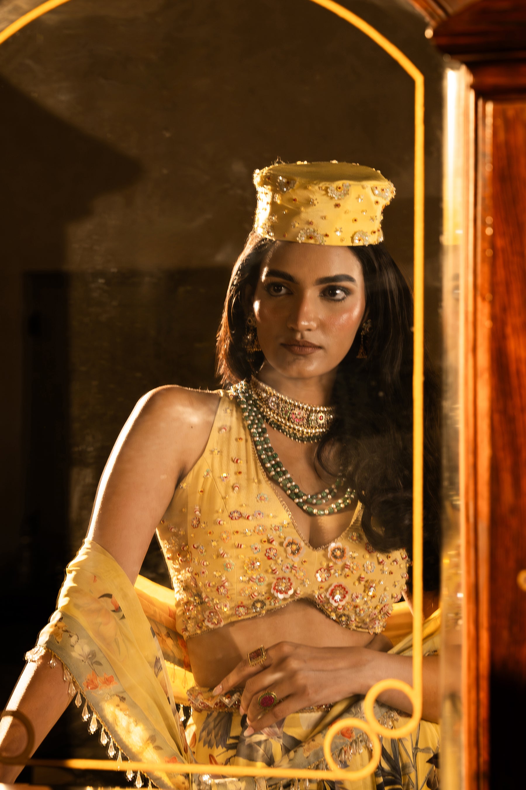 Misted Yellow Paneled Lehenga Set