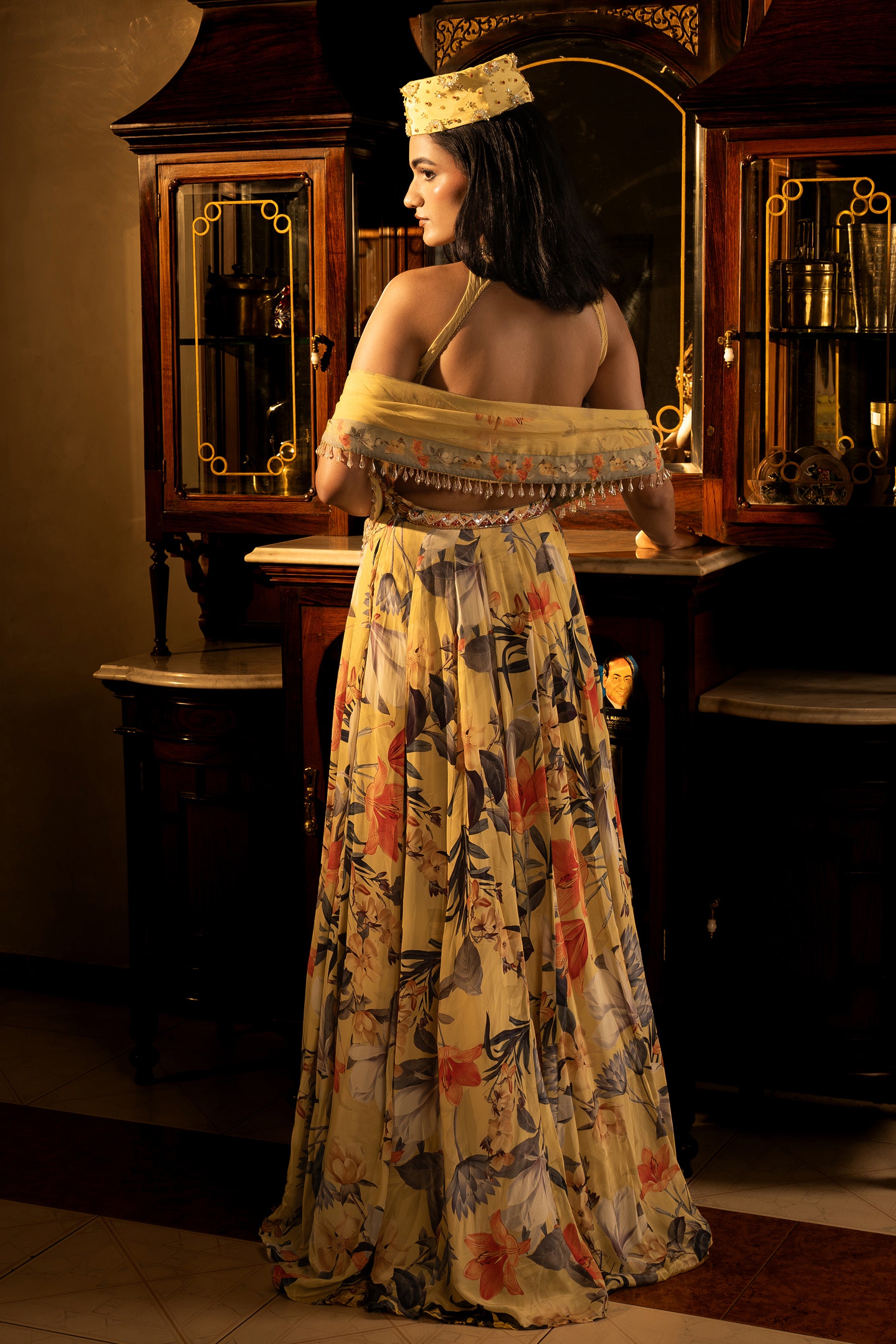 Misted Yellow Paneled Lehenga Set