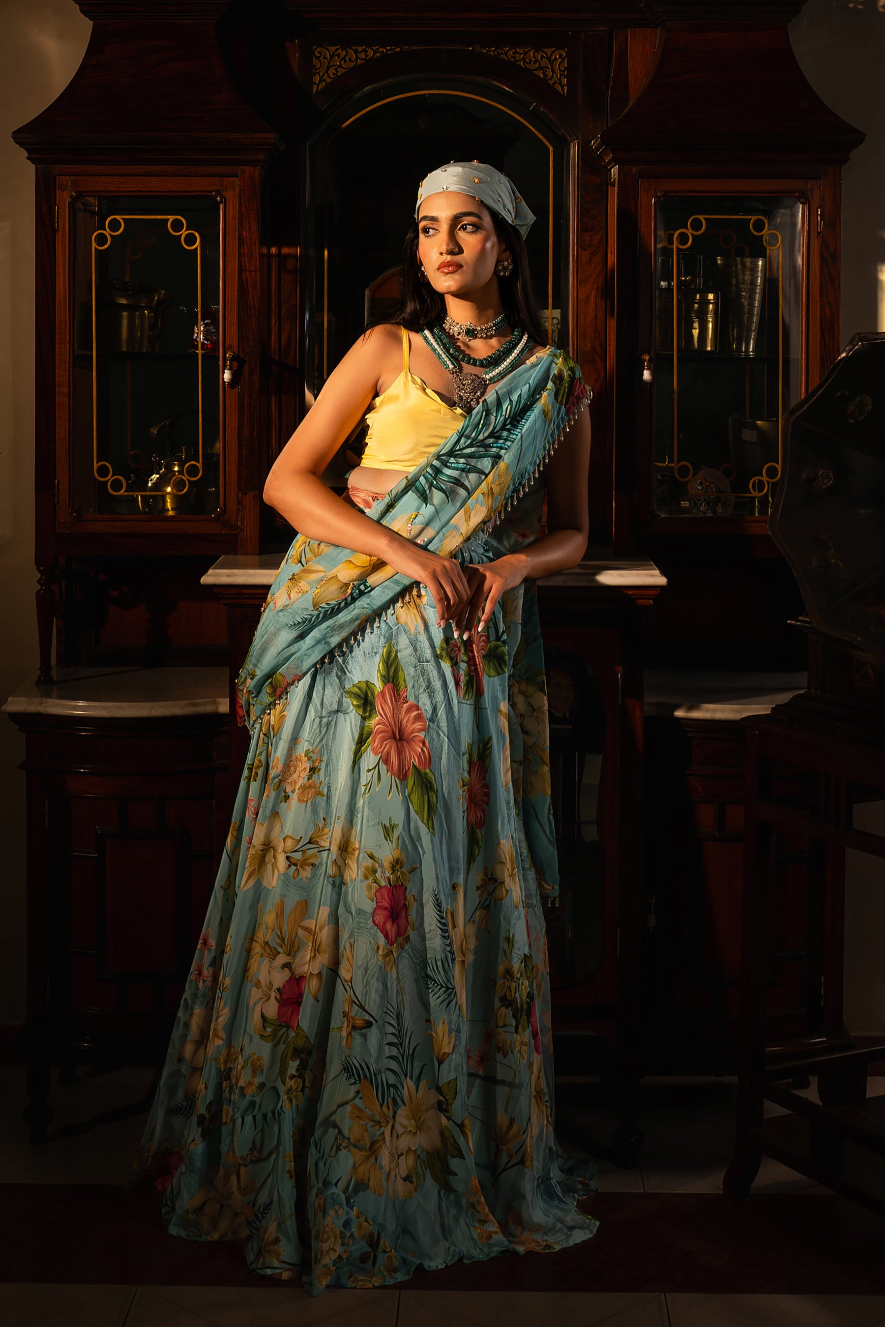 Tropical Blue Lehenga Saree Set