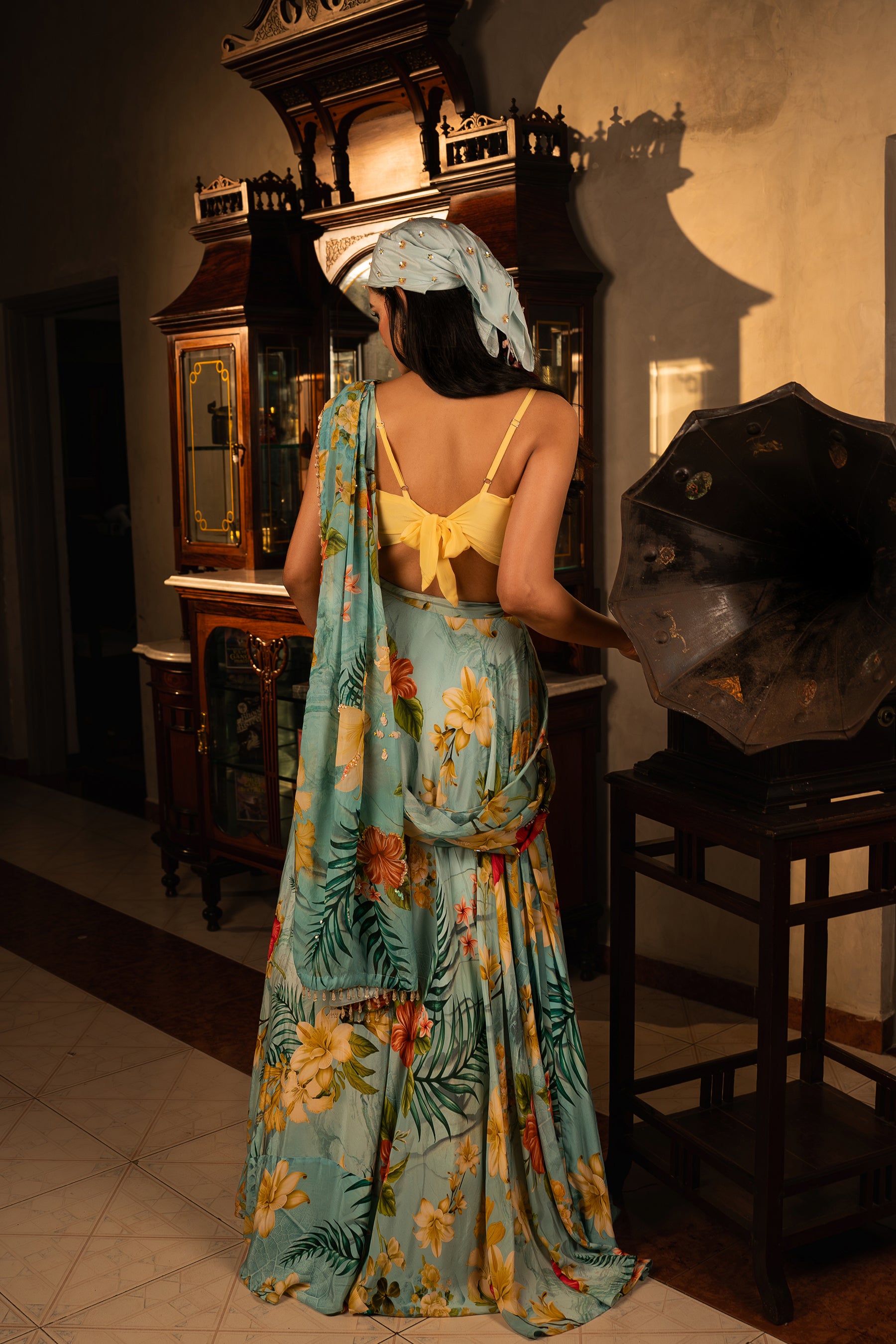 Tropical Blue Lehenga Saree Set