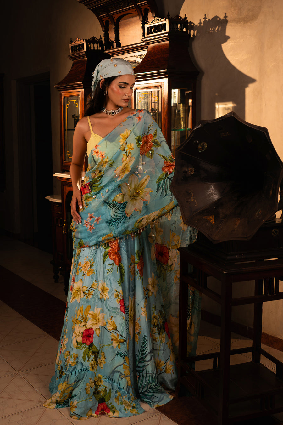 Tropical Blue Lehenga Saree Set