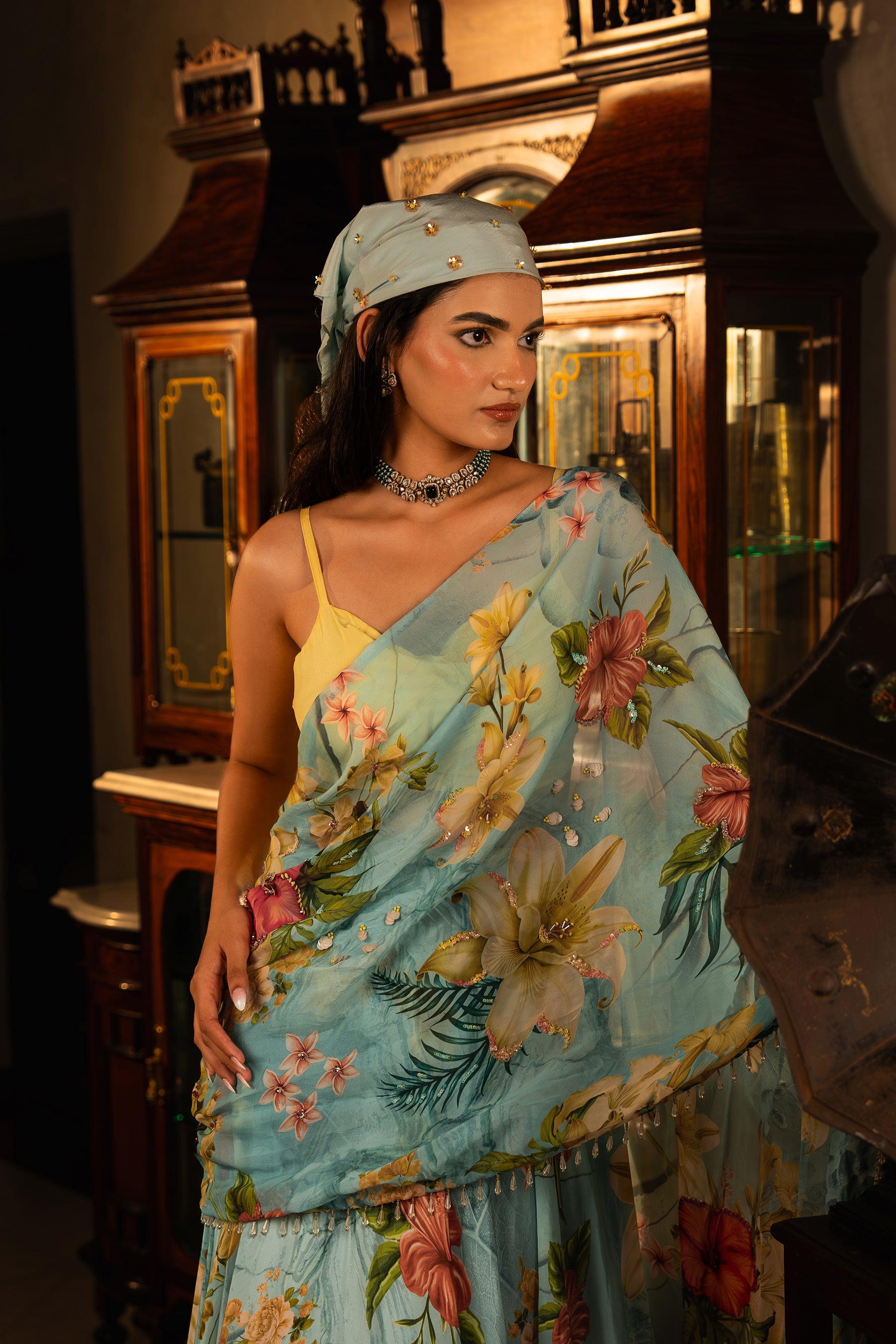 Tropical Blue Lehenga Saree Set