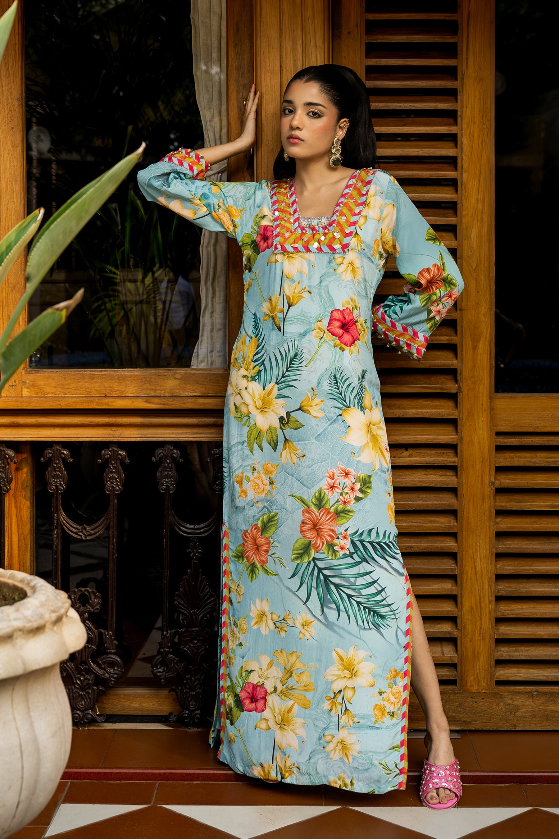 Tropical Blue Kaftan Dress