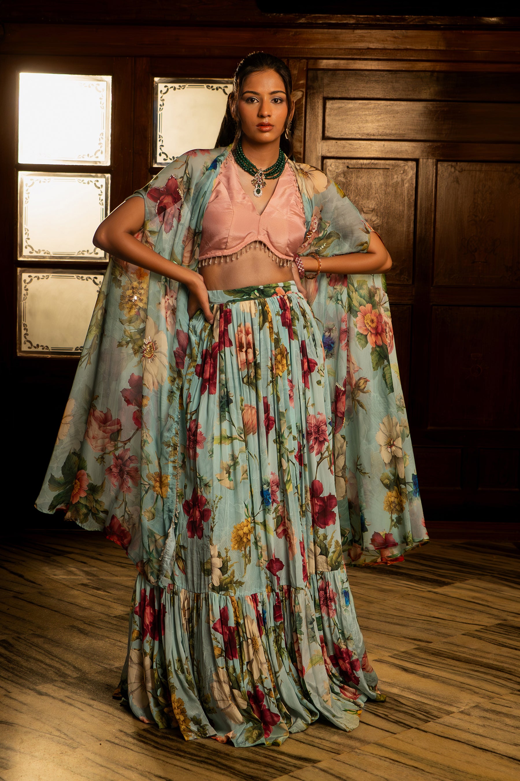 Powder Blue Gathered Lehenga & Jacket Set