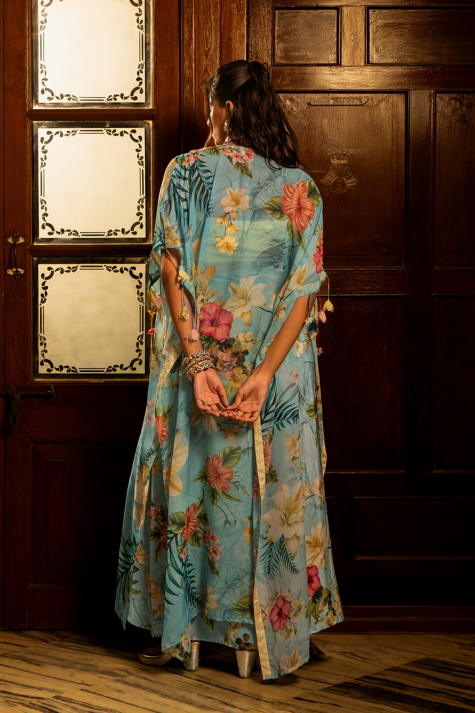 Tropical Blue Draped Skirt And Jacket Set