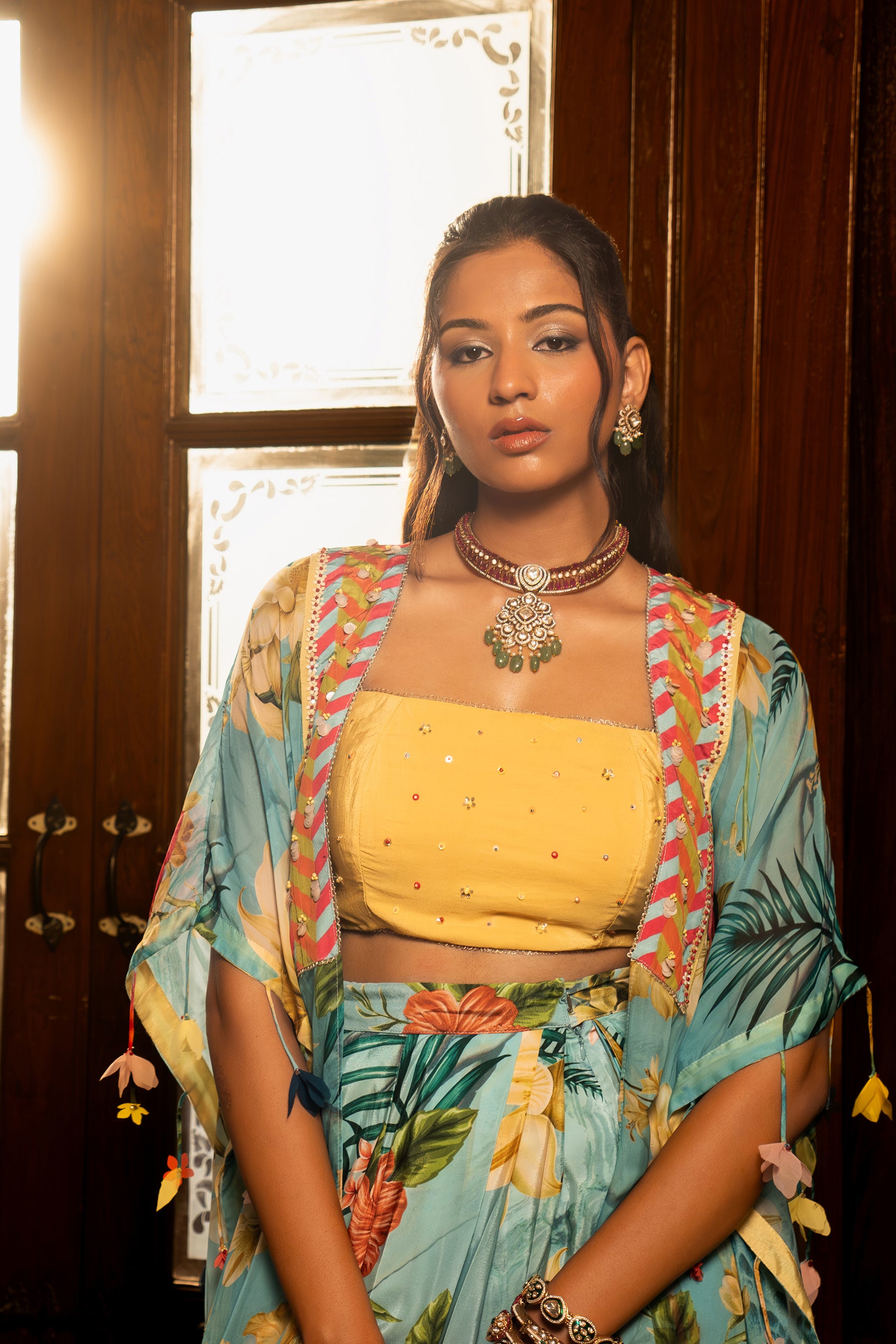 Tropical Blue Draped Skirt And Jacket Set