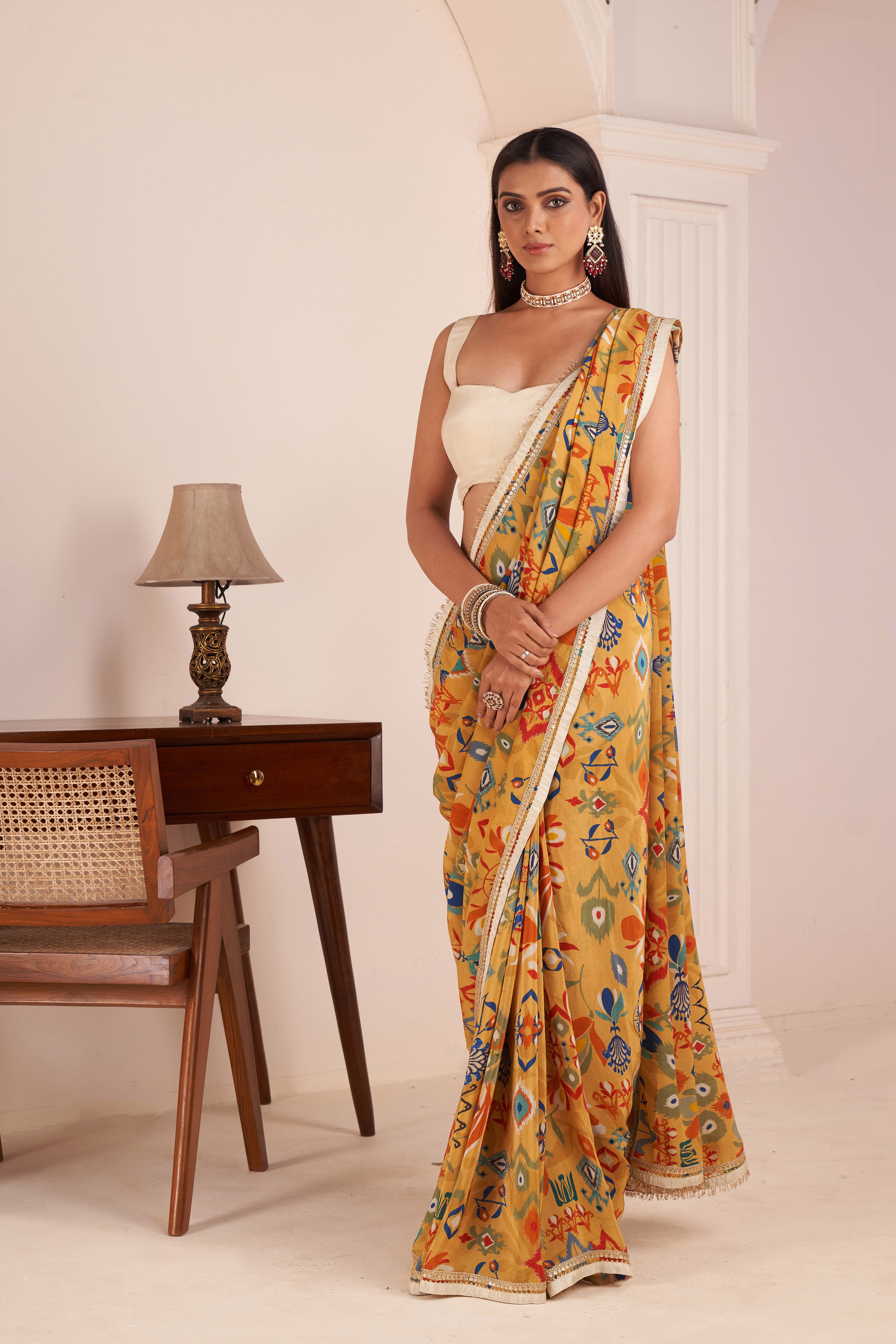 Mustard Yellow Printed Saree