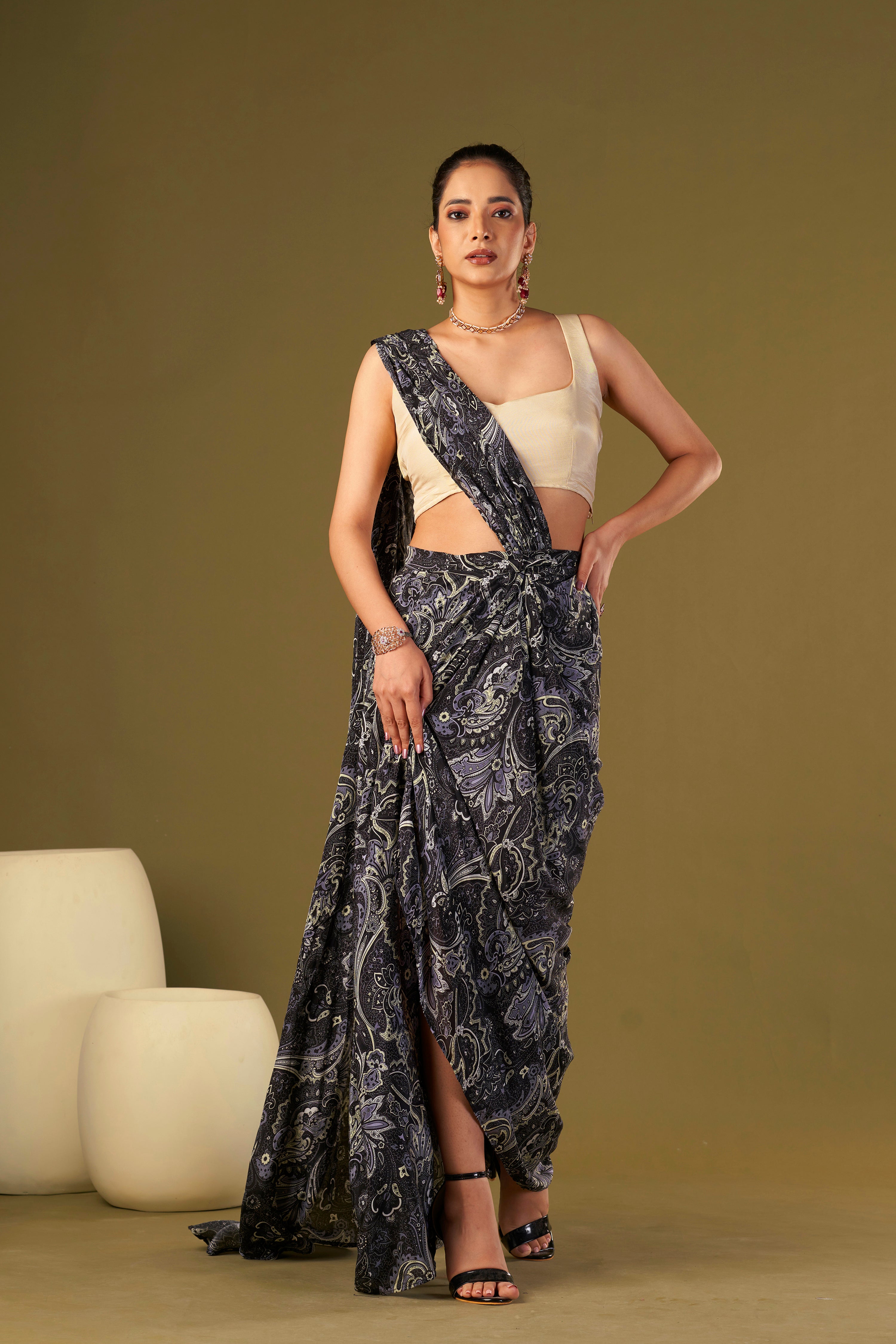 Tisya Black Paisley printed Pre Draped Saree