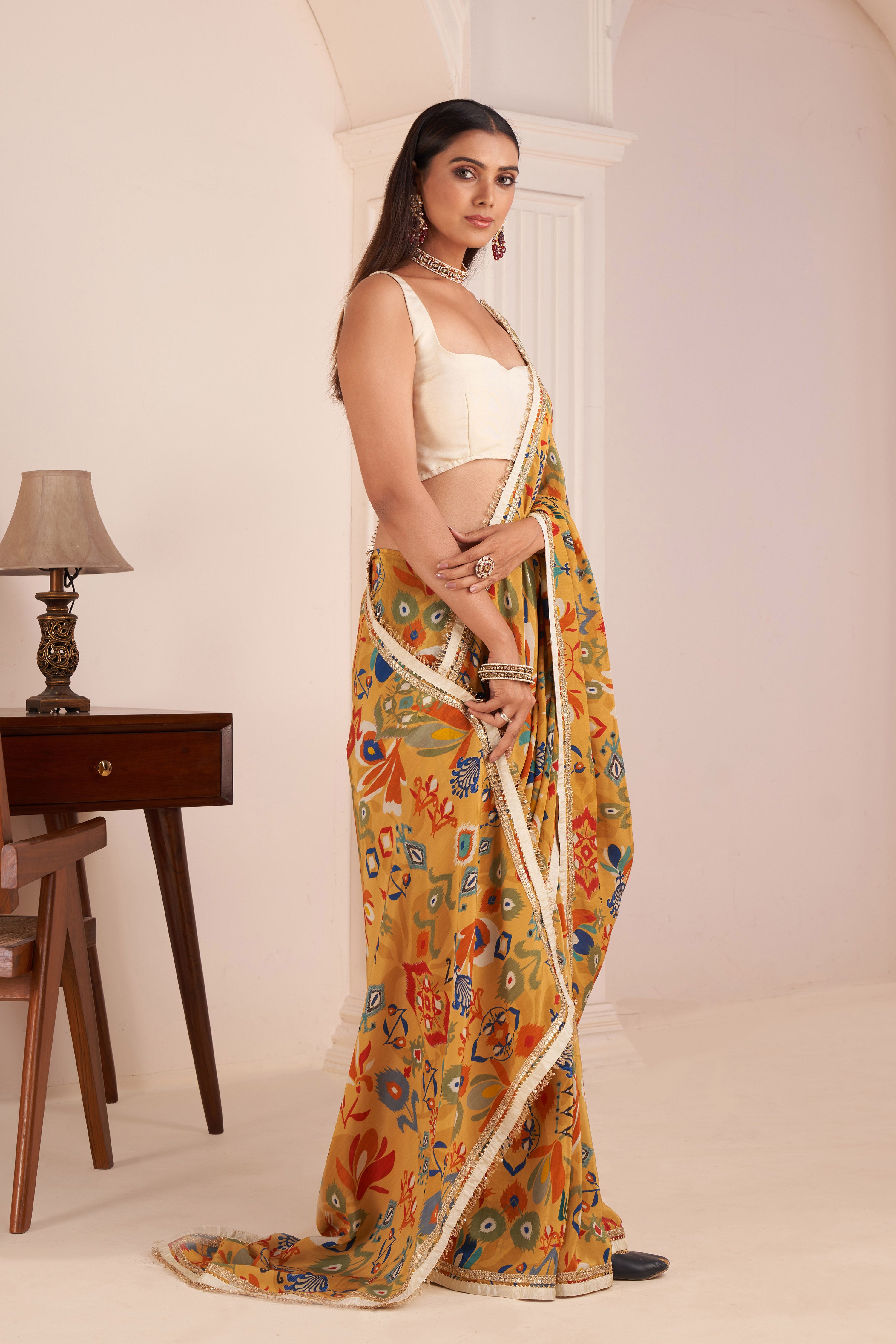 Mustard Yellow Printed Saree