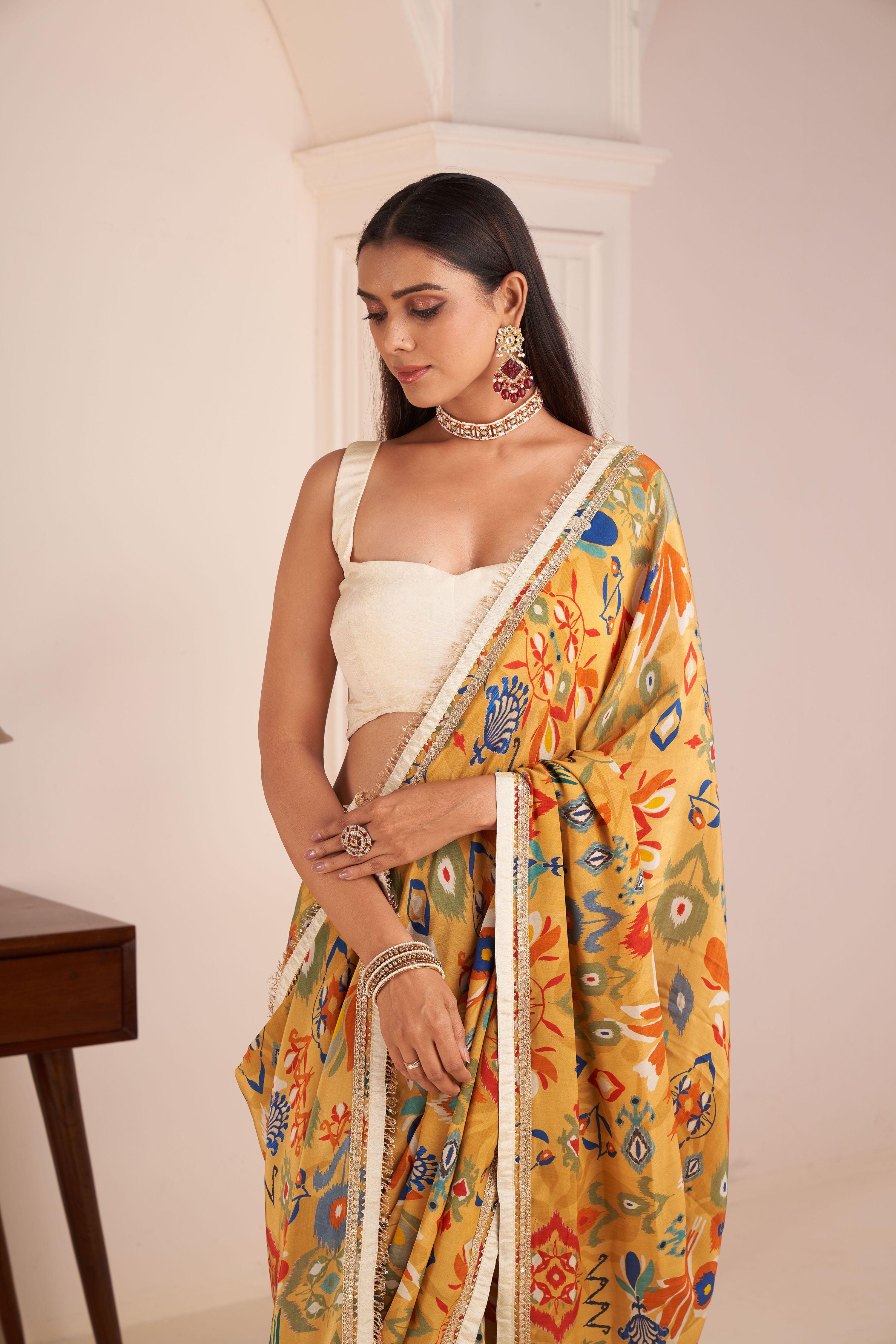 Mustard Yellow Printed Saree