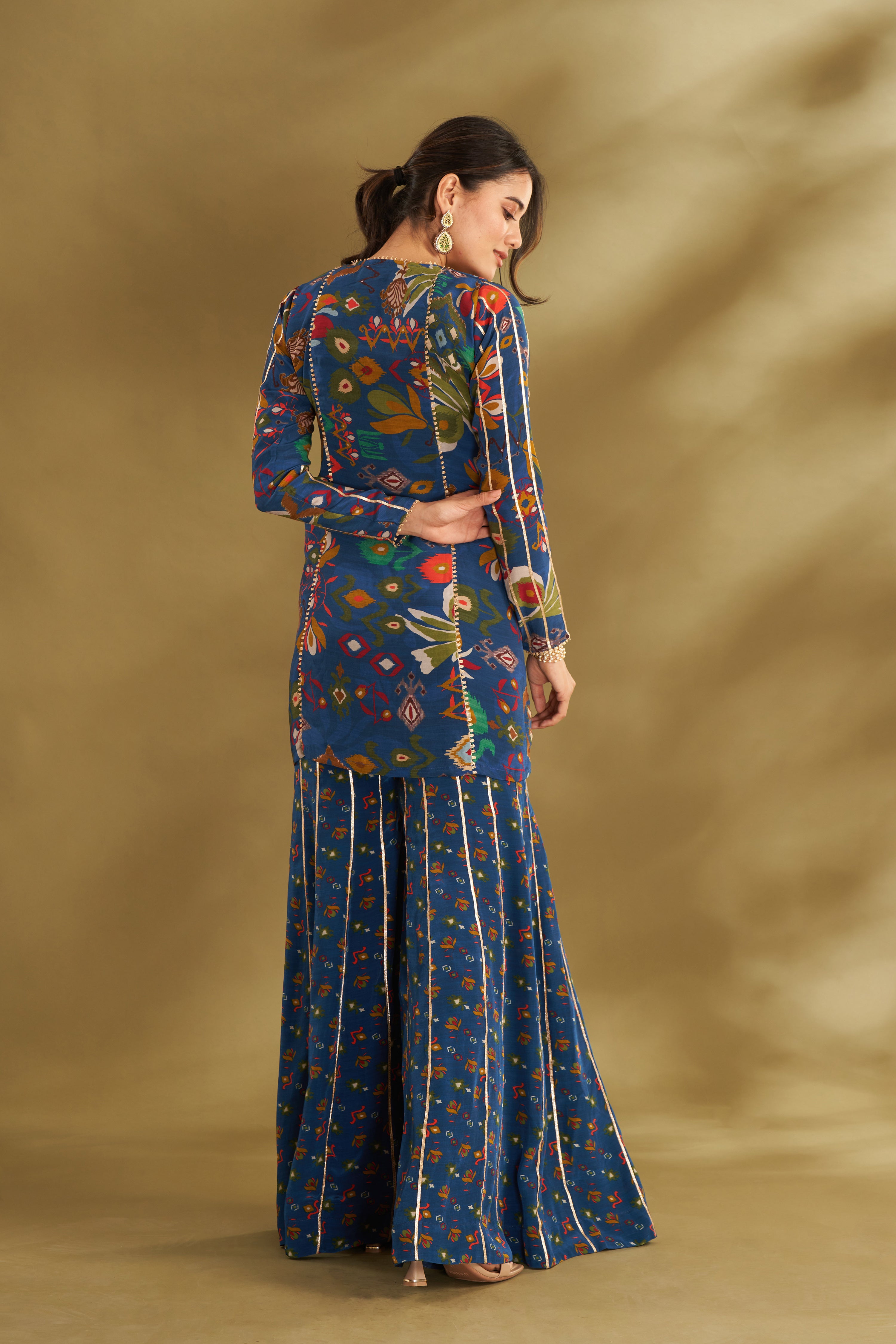 Royal Blue Ikkat Print Sharara Set