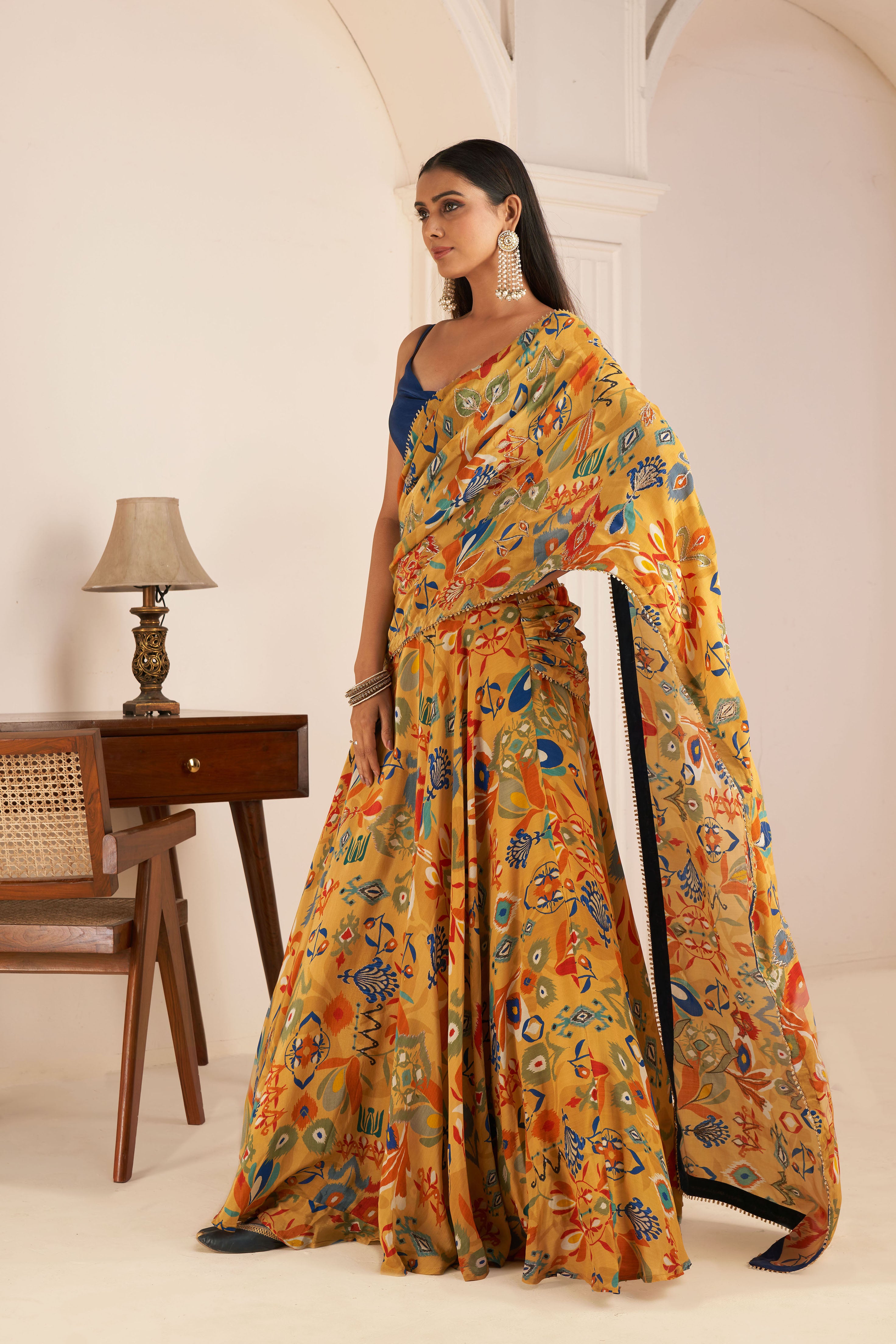 Mustard Yellow Printed Lehenga Saree With Cowl Neck Top