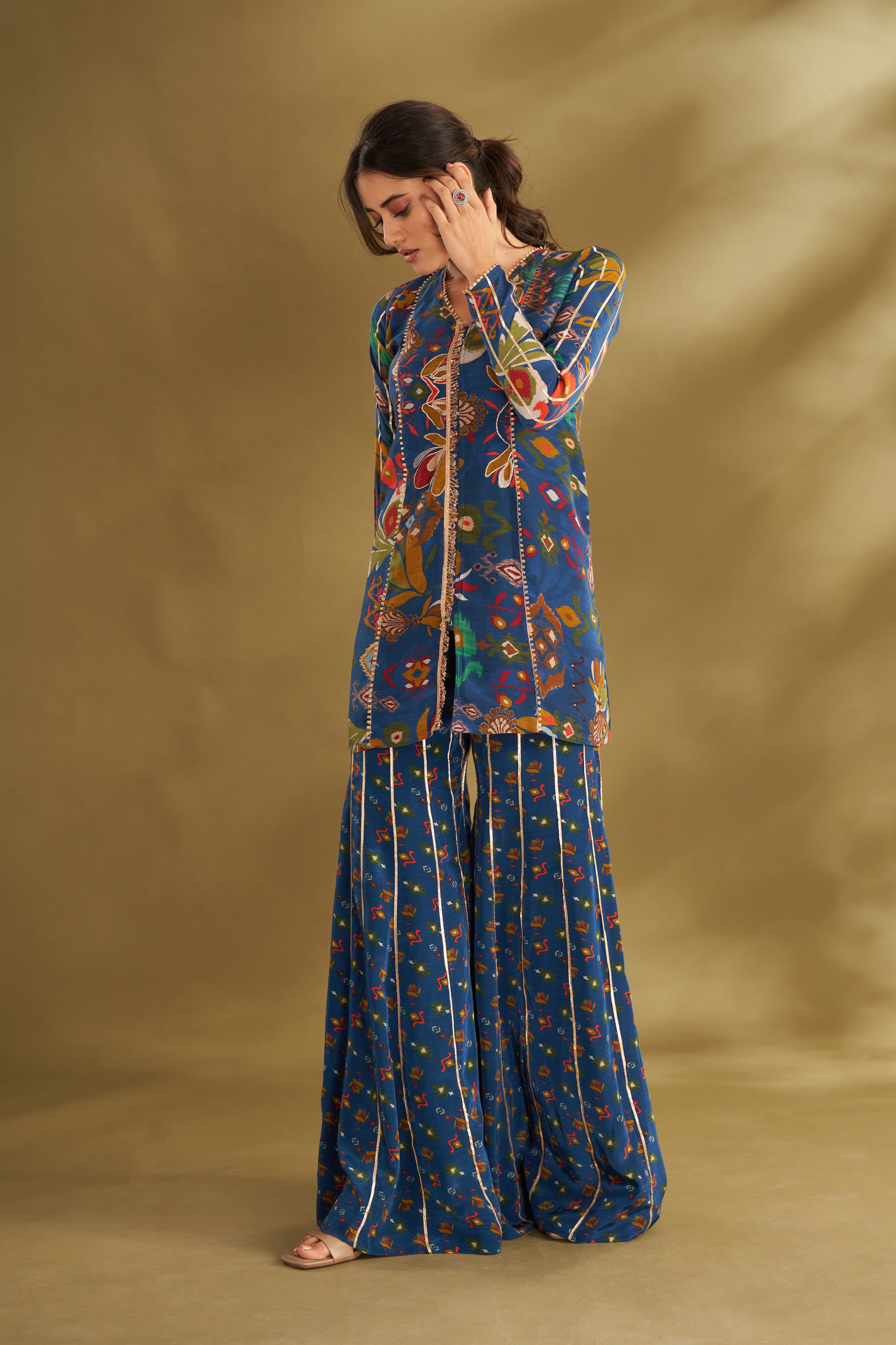 Royal Blue Ikkat Print Sharara Set