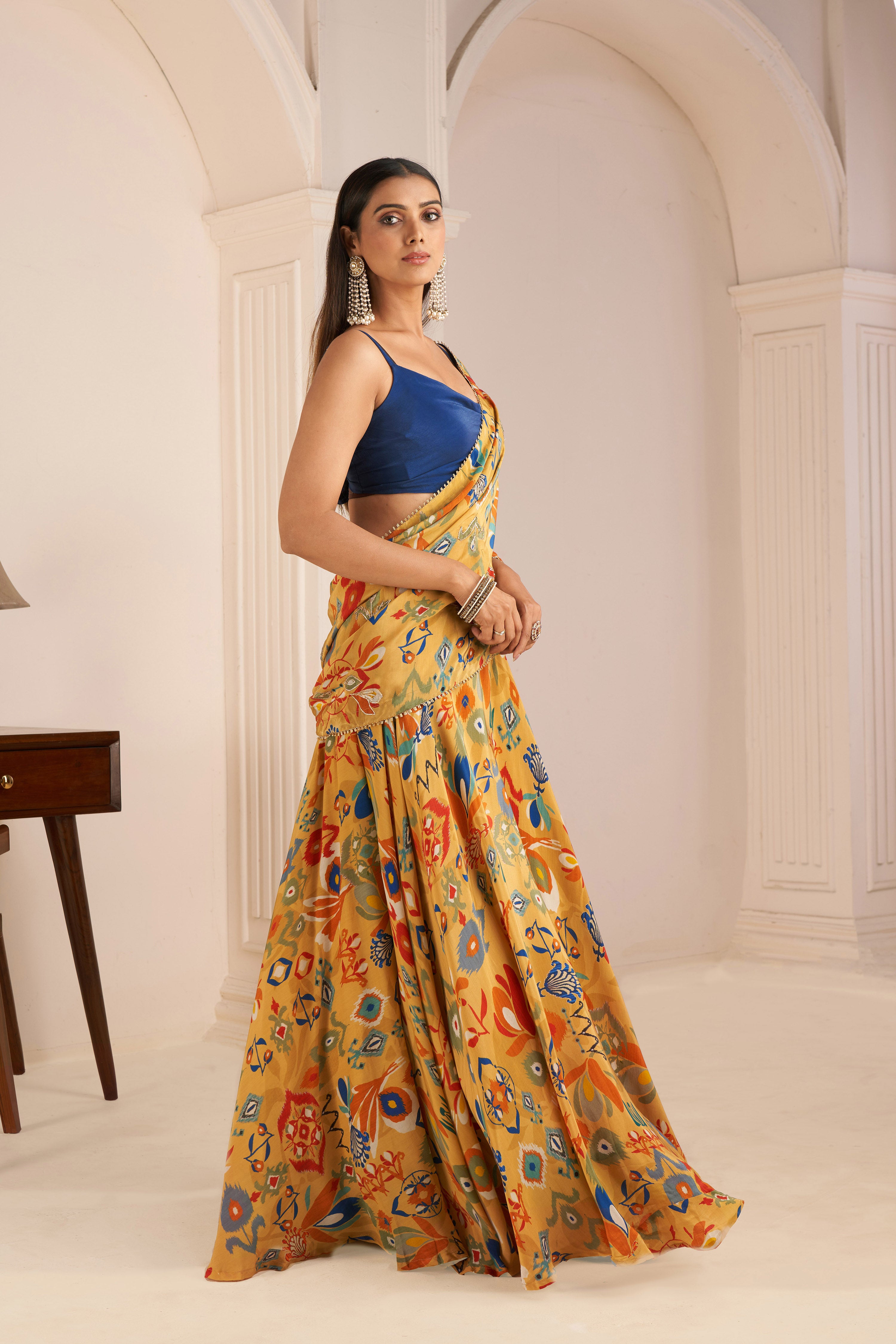 Mustard Yellow Printed Lehenga Saree With Cowl Neck Top