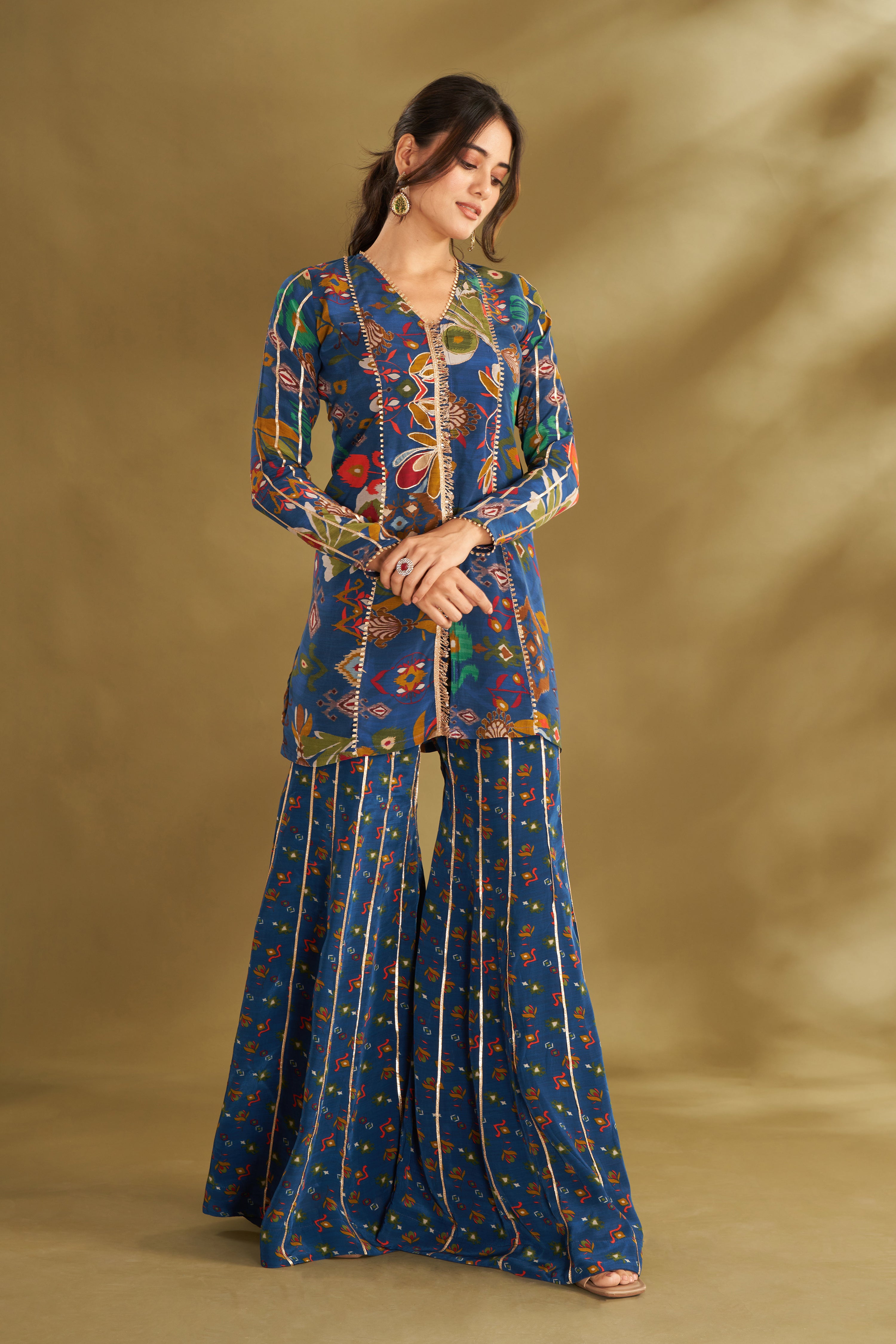 Royal Blue Ikkat Print Sharara Set