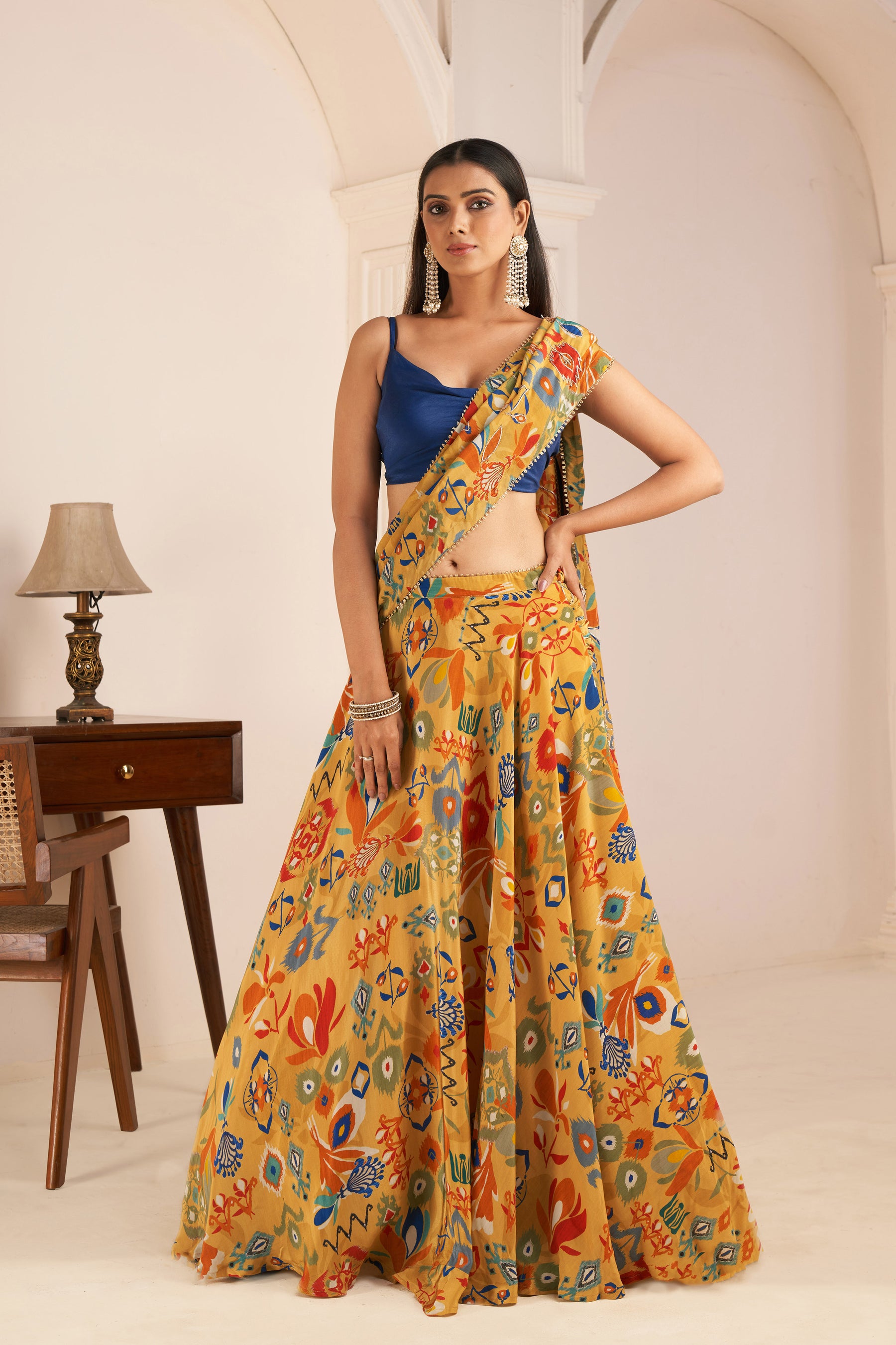 Mustard Yellow Printed Lehenga Saree With Cowl Neck Top