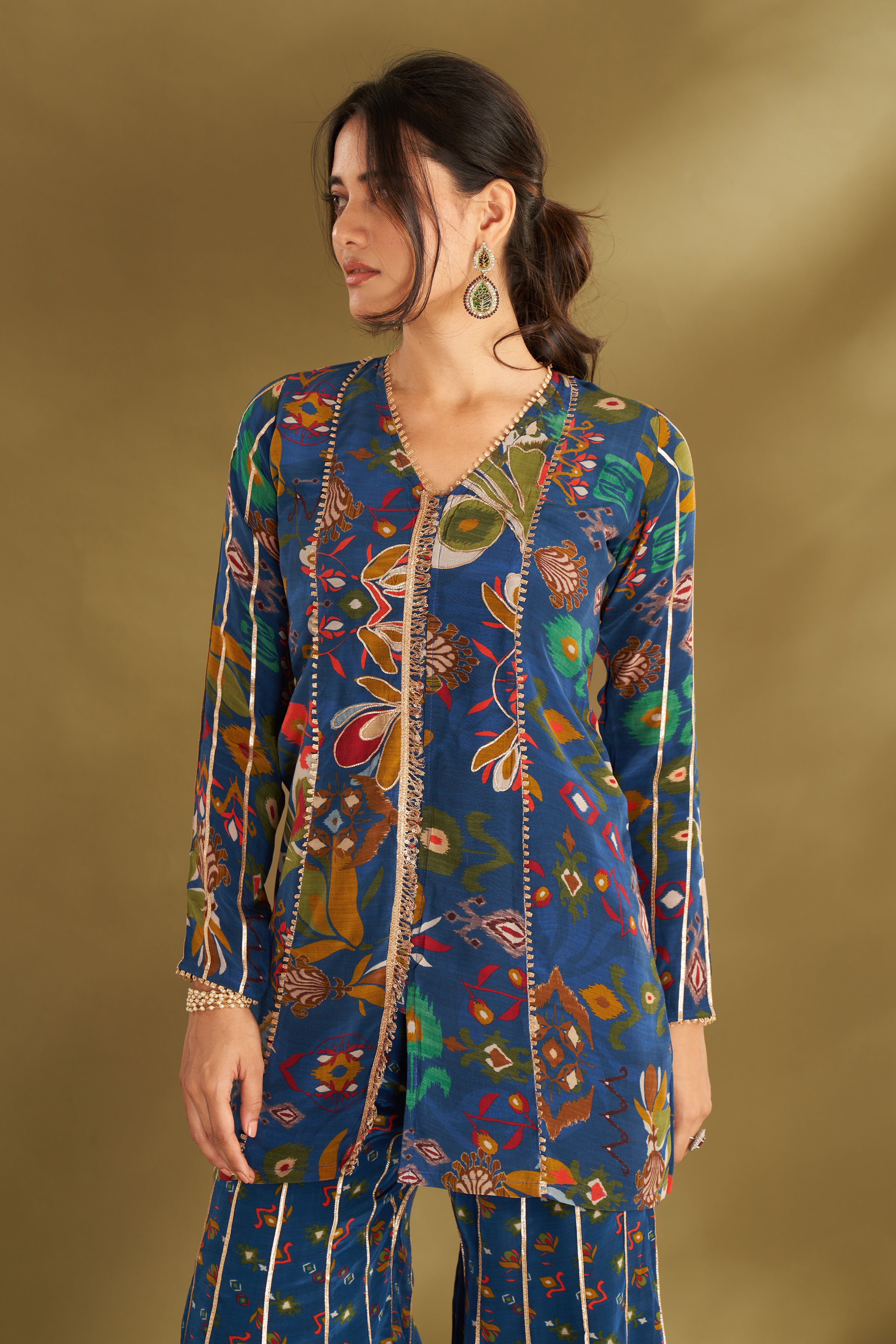 Royal Blue Ikkat Print Sharara Set