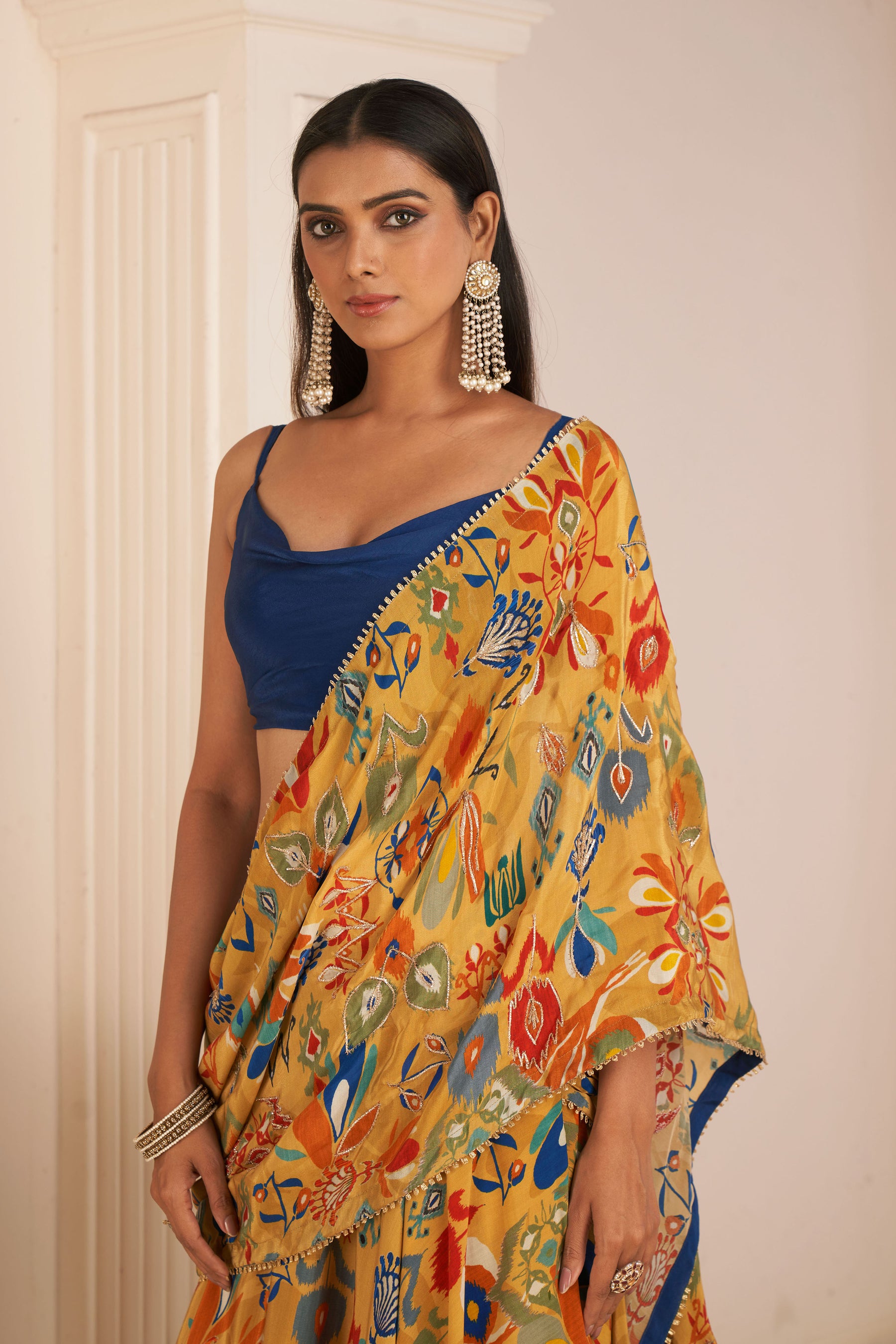 Mustard Yellow Printed Lehenga Saree With Cowl Neck Top