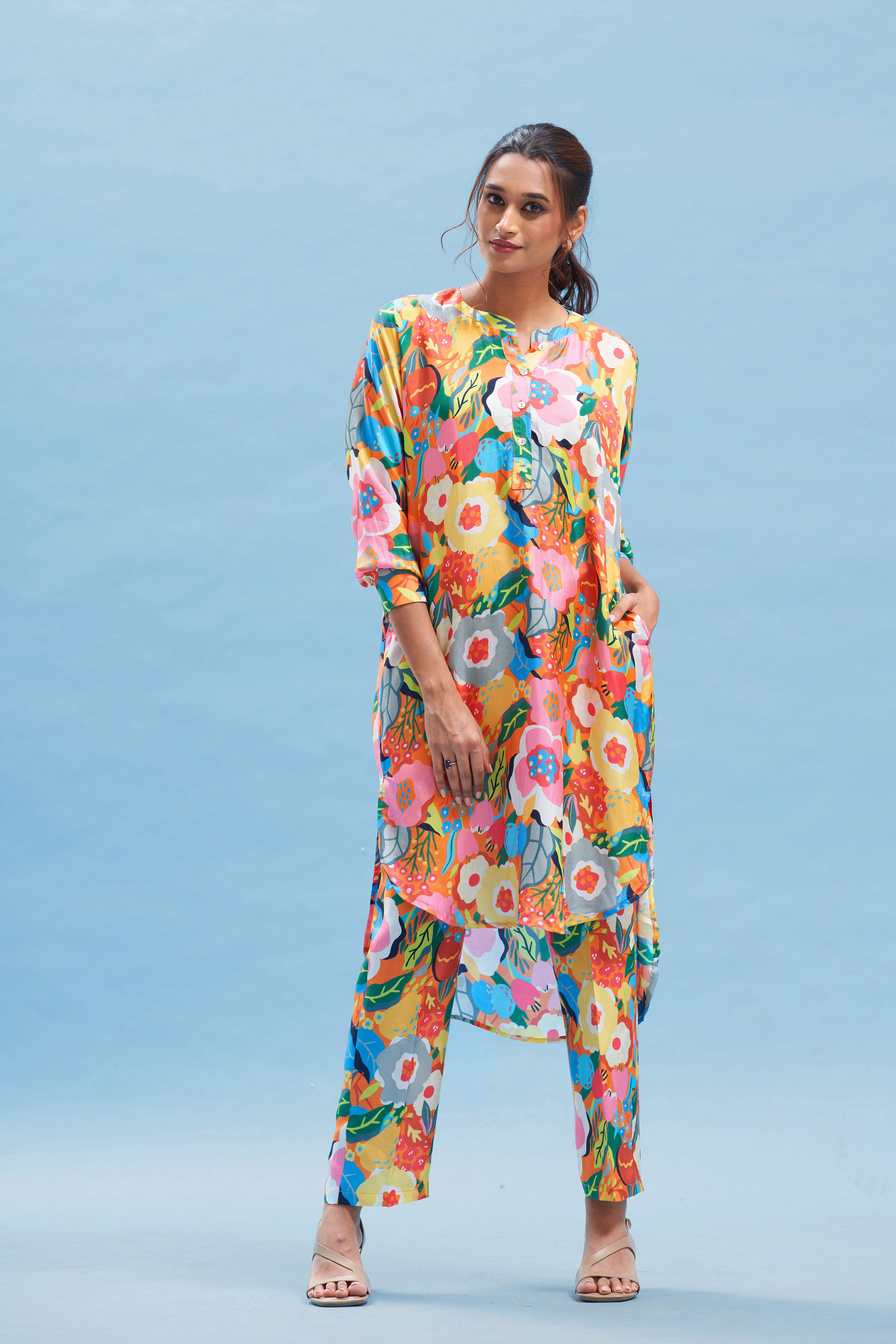 Orange floral print kurta set