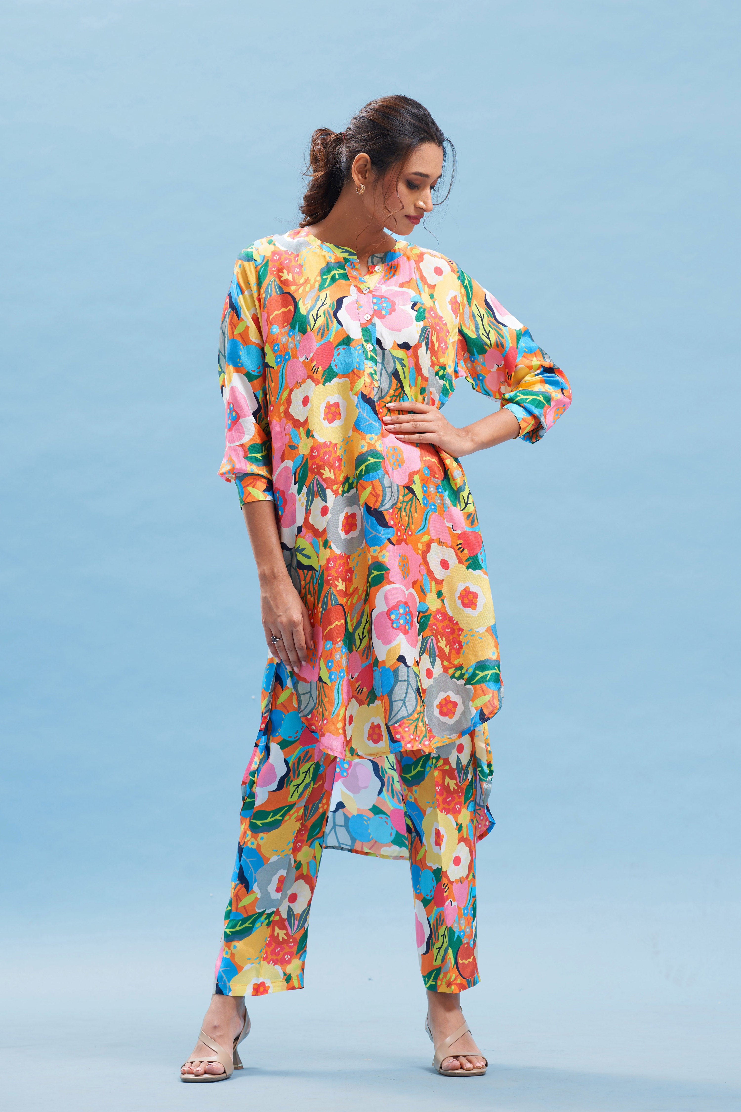 Orange floral print kurta set