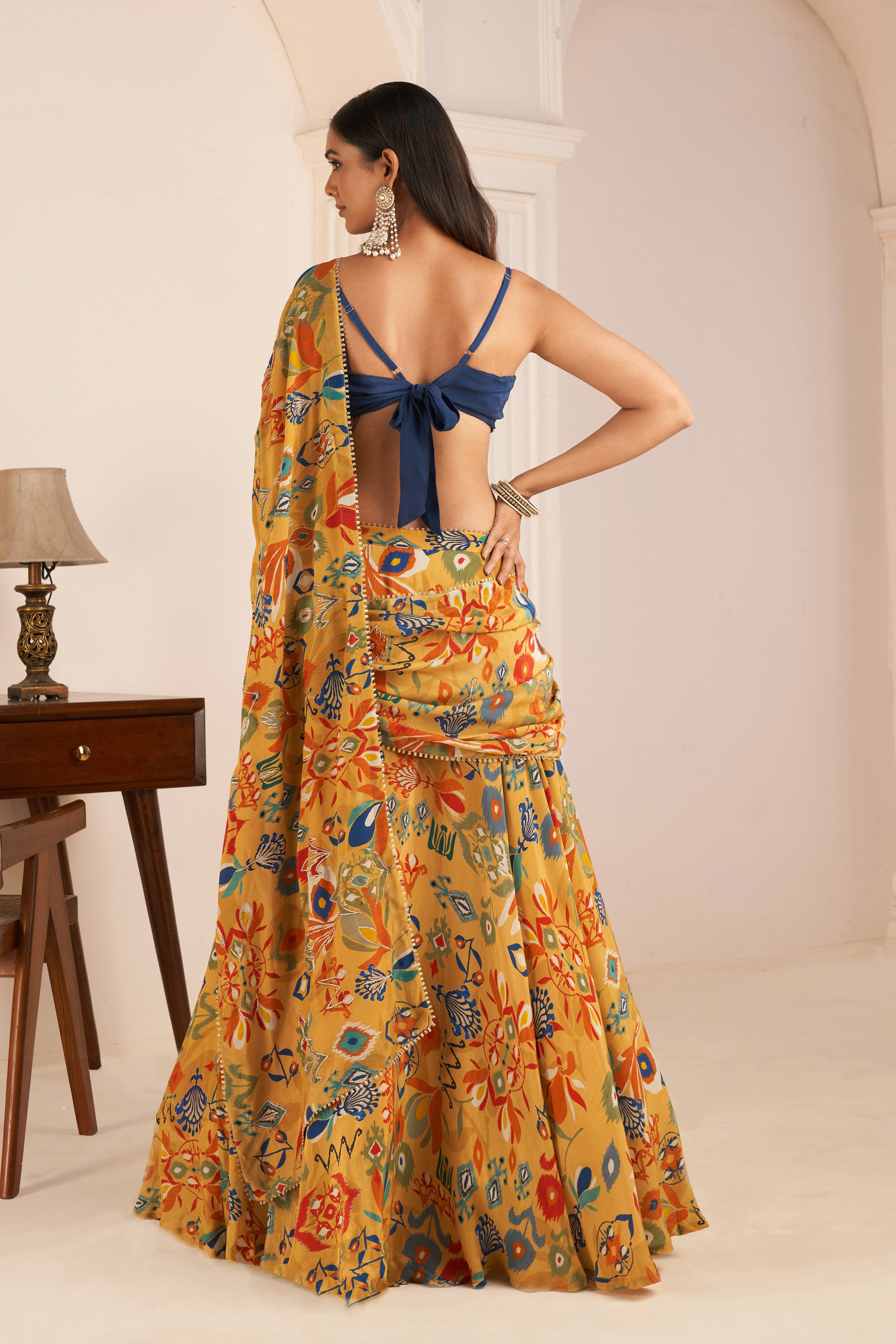 Mustard Yellow Printed Lehenga Saree With Cowl Neck Top