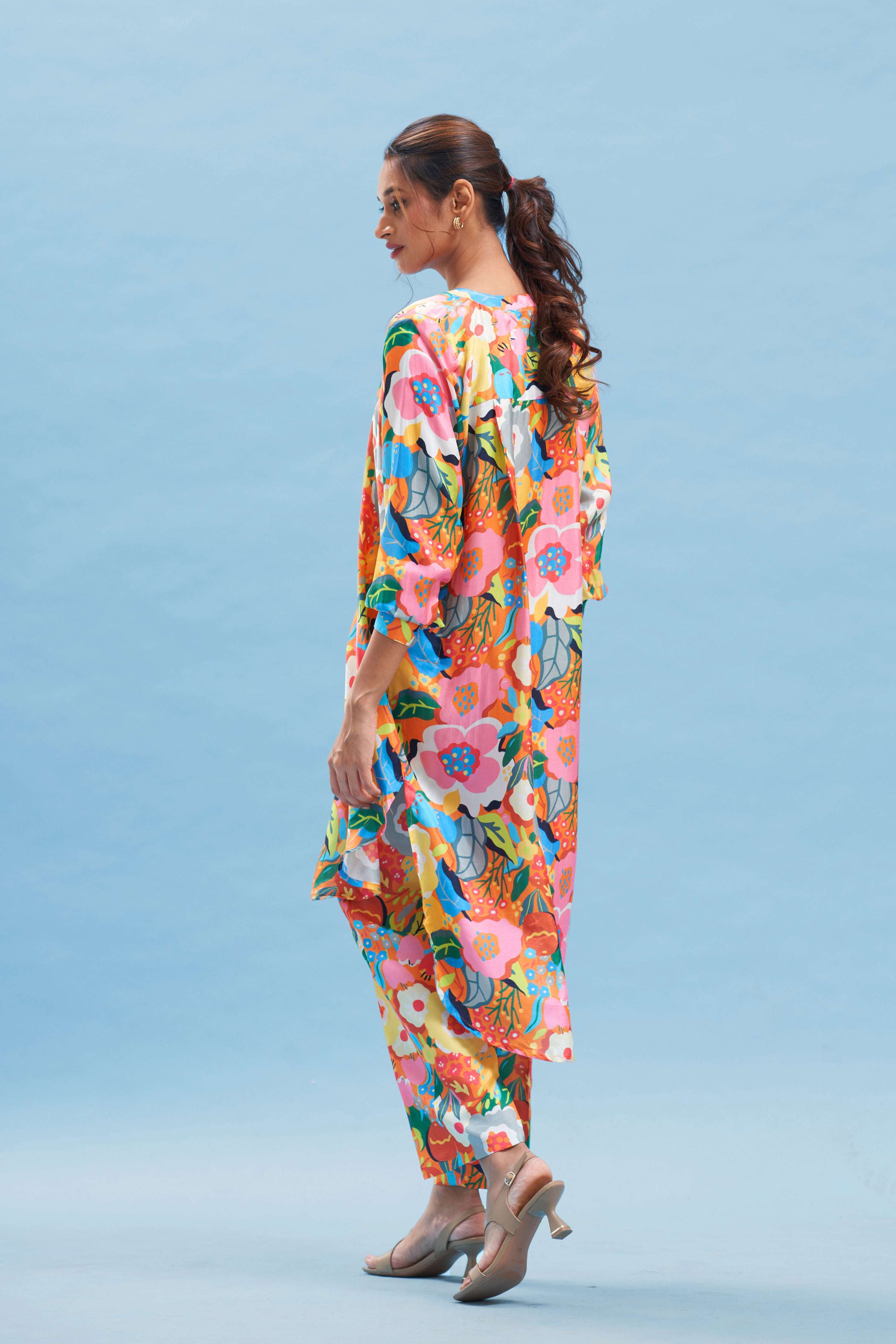 Orange floral print kurta set