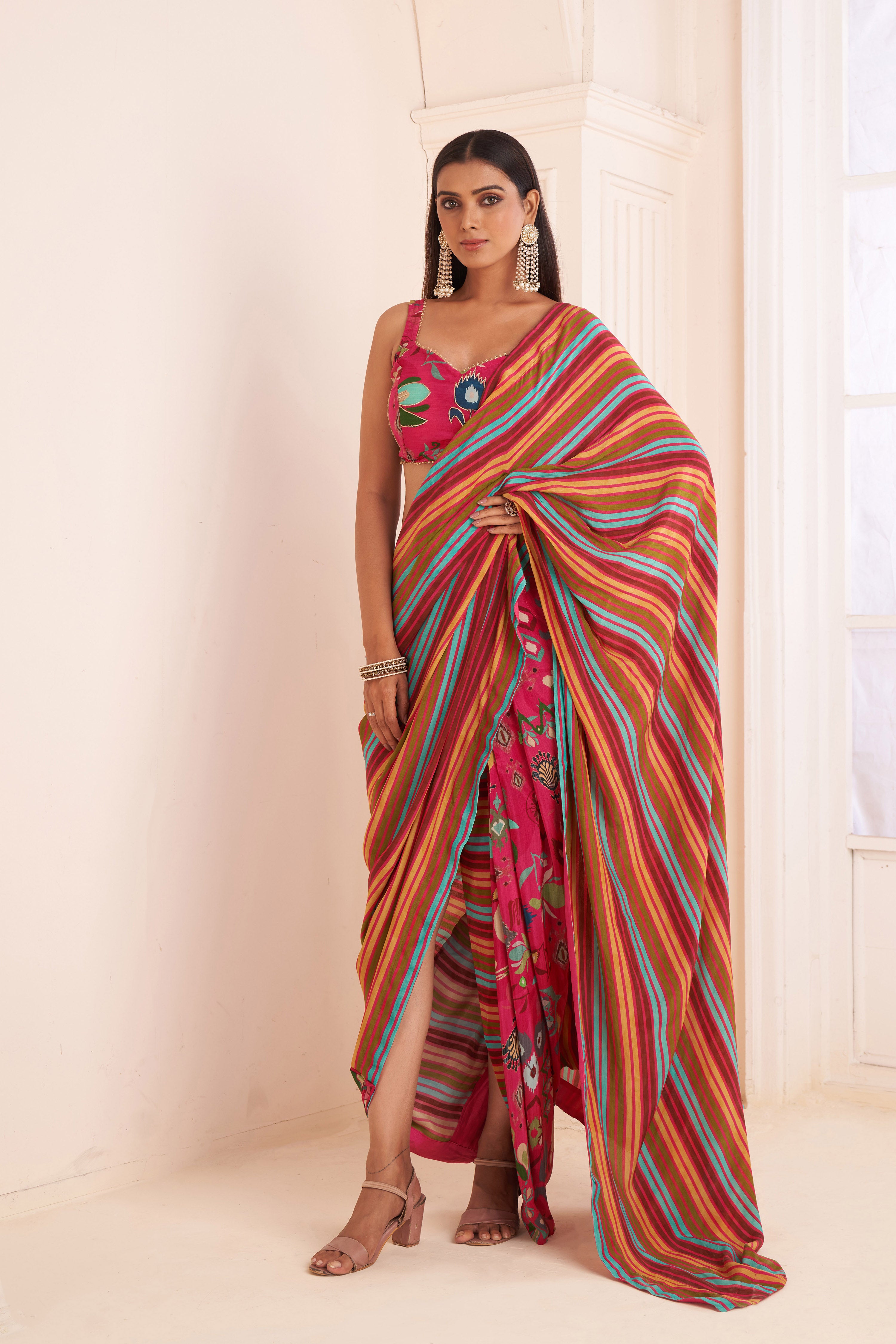 Pink Striped Pre Drape Saree With Embroidered Bustier