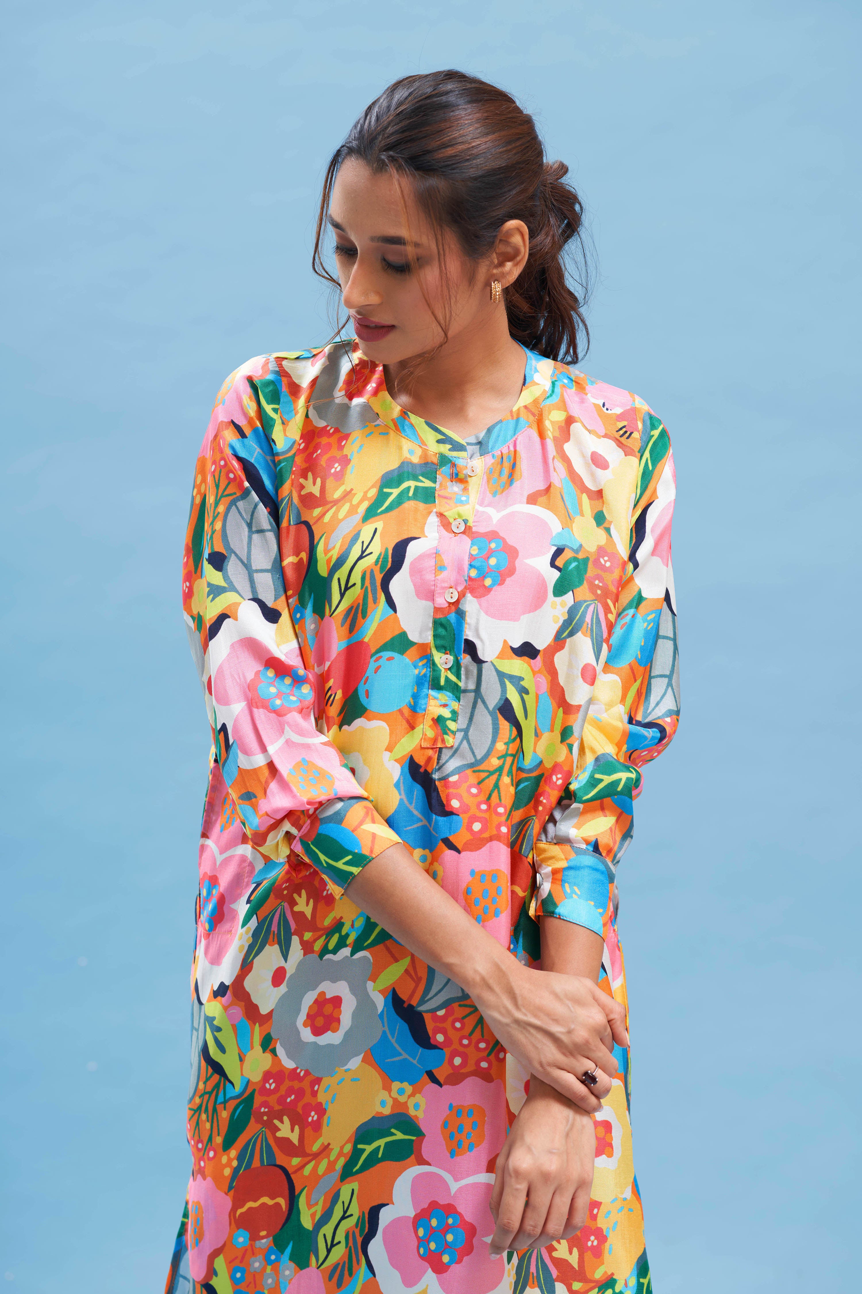 Orange floral print kurta set