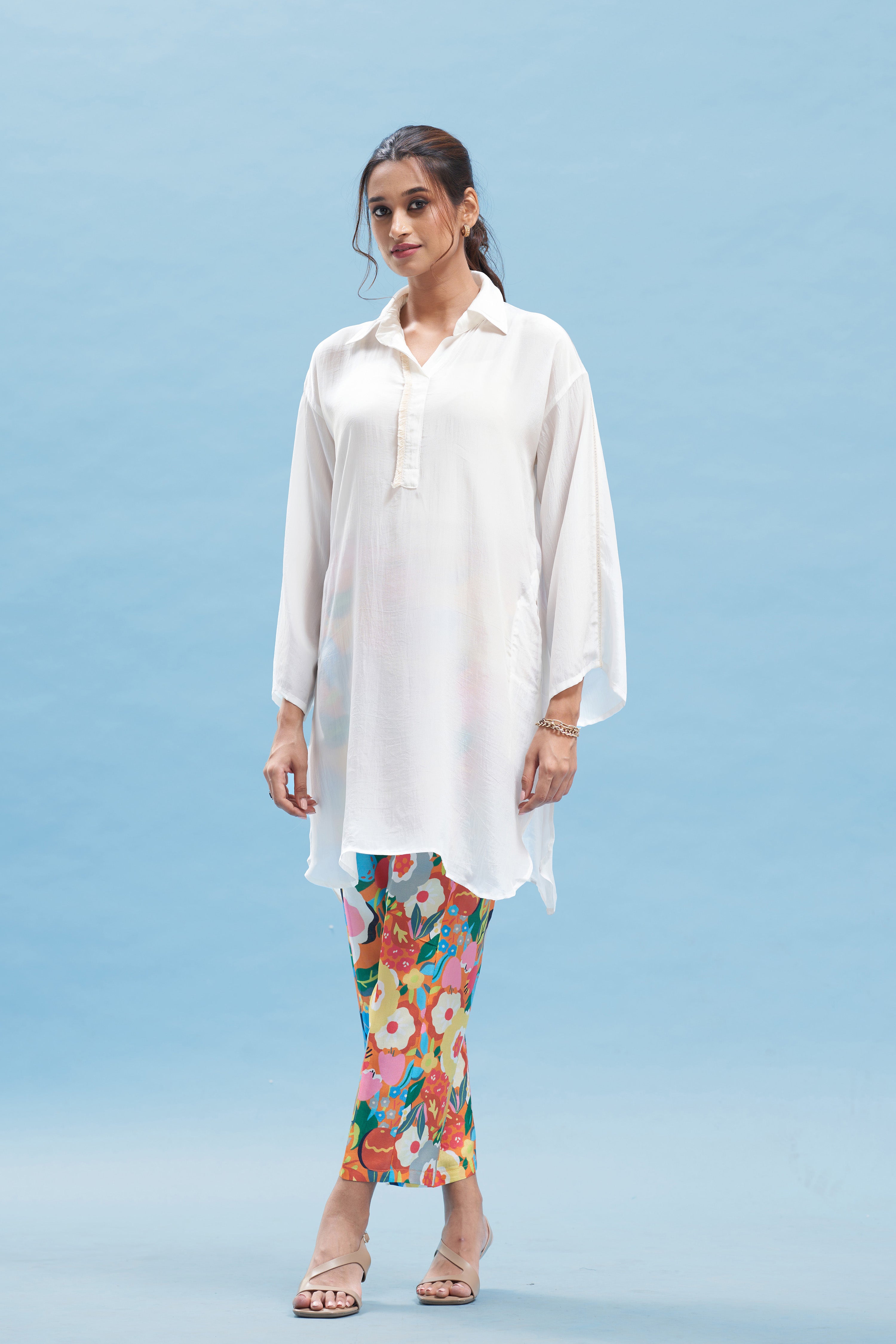 White Kimono Shirt And Printed Pant Set