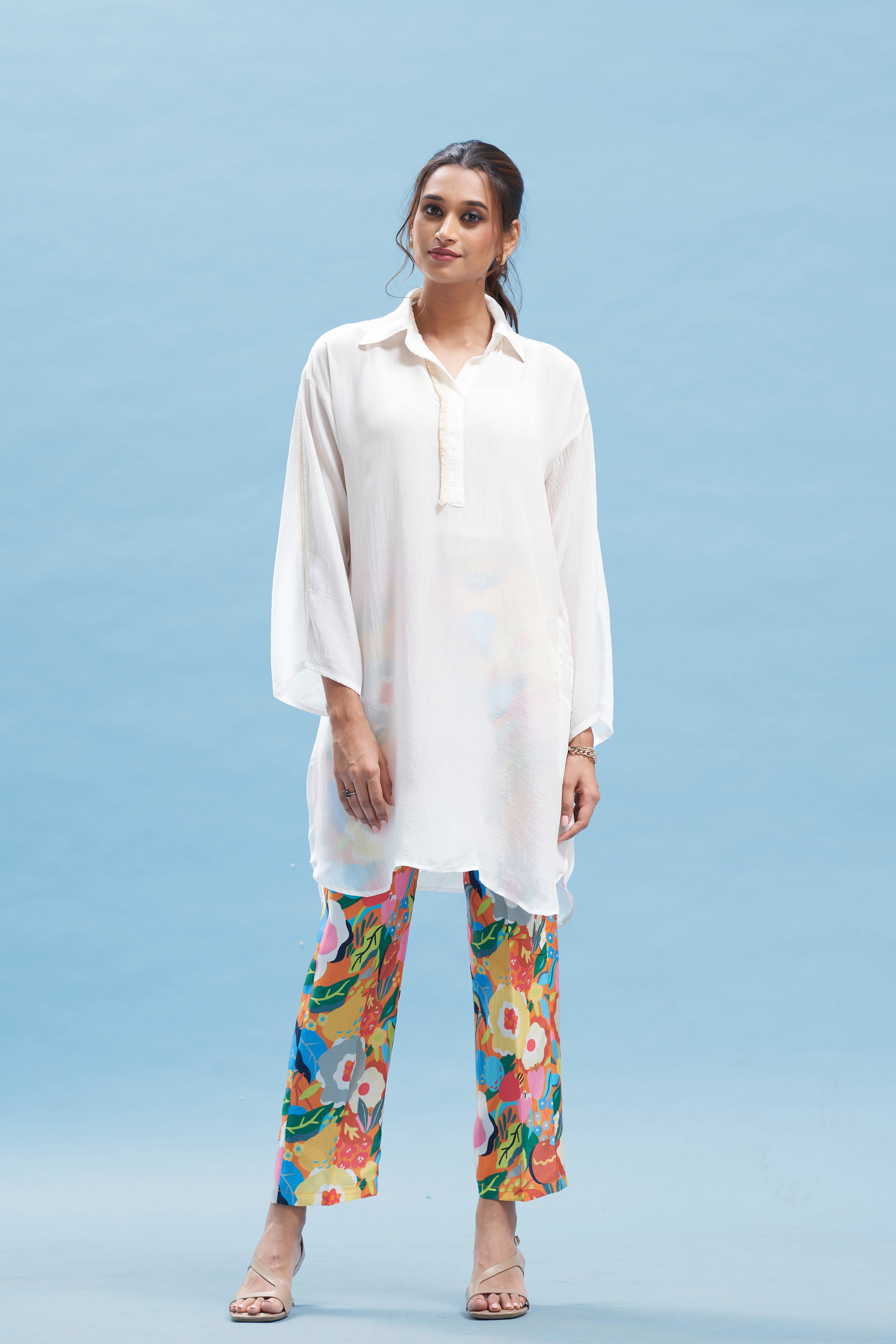 White Kimono Shirt And Printed Pant Set