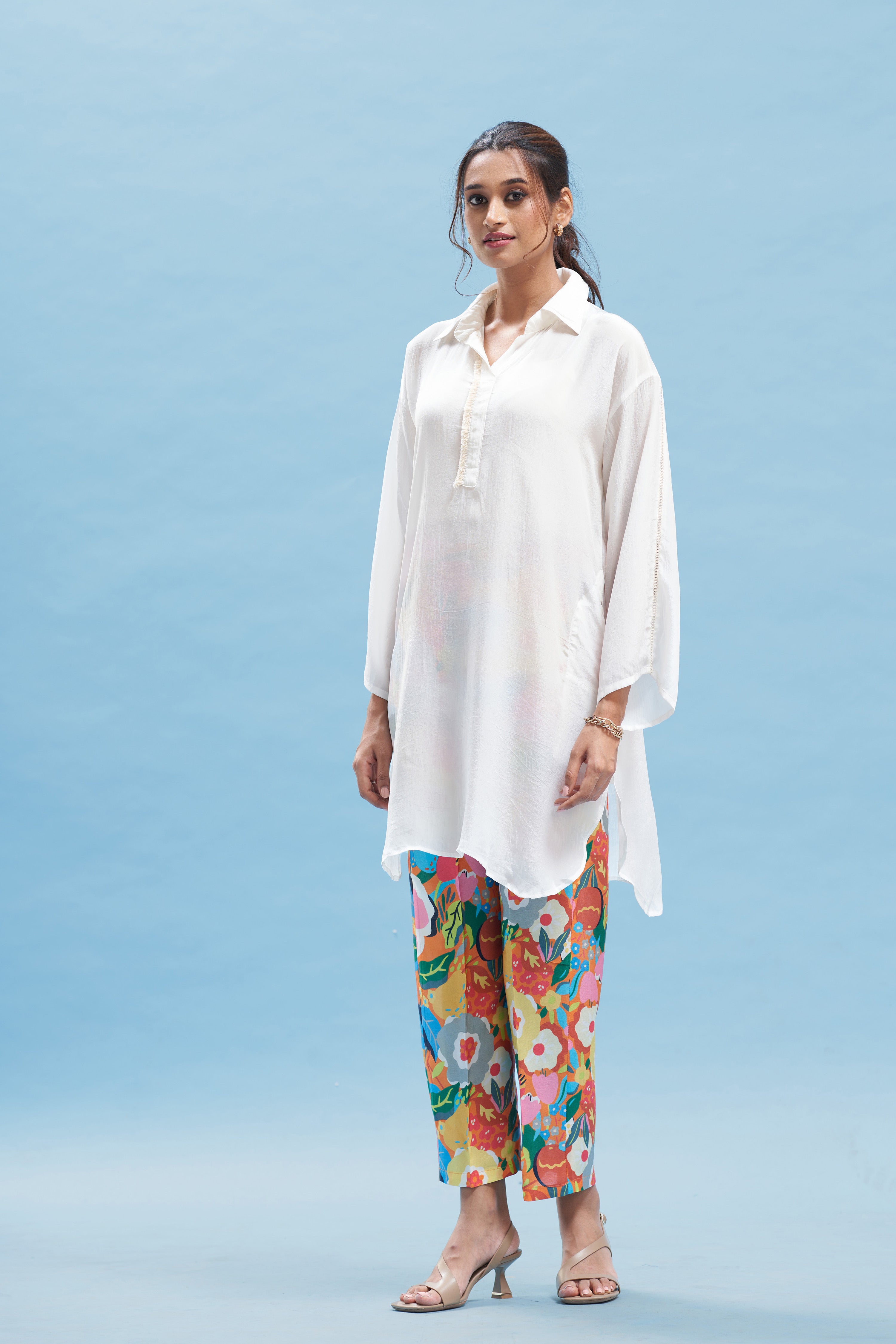 White Kimono Shirt And Printed Pant Set