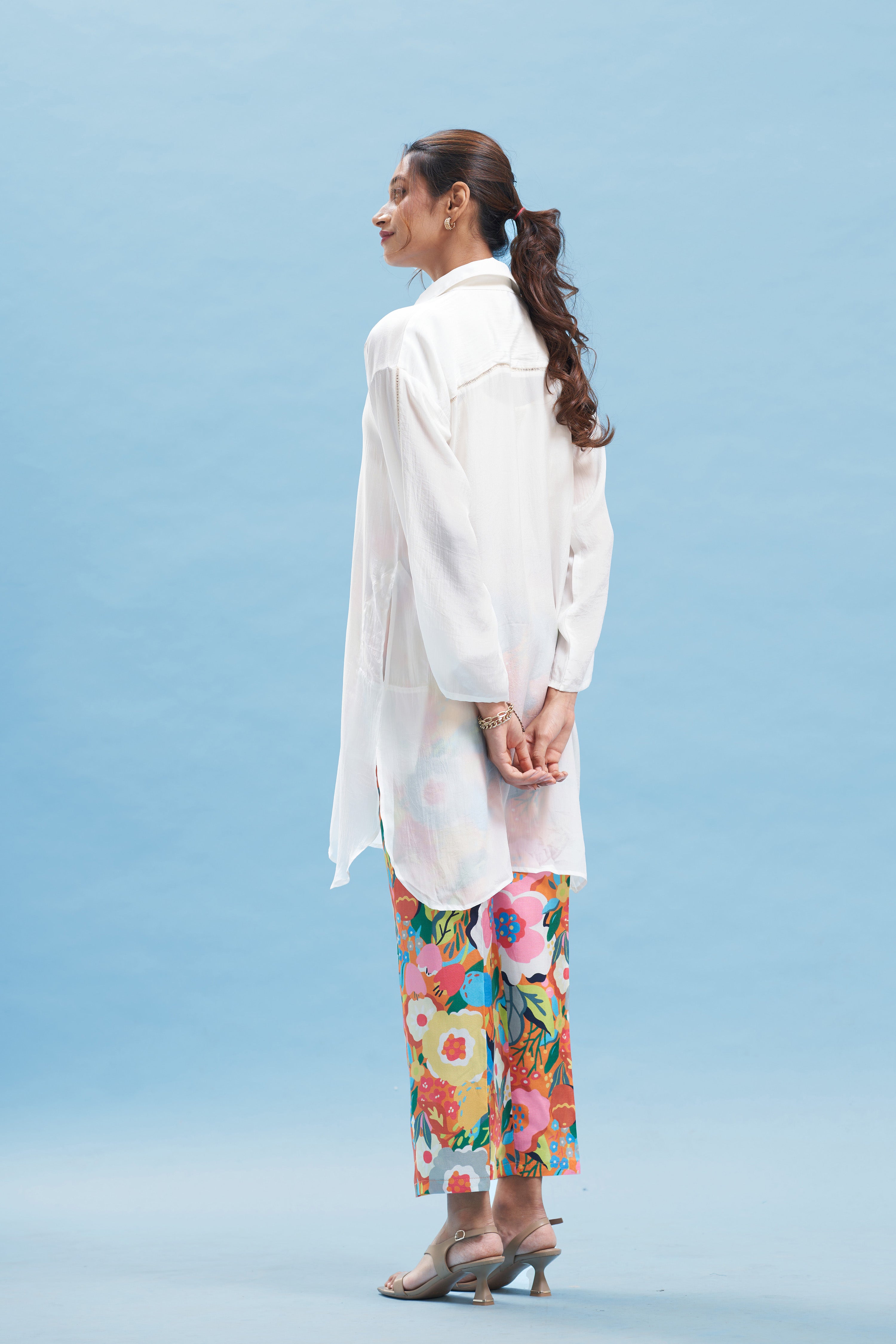 White Kimono Shirt And Printed Pant Set