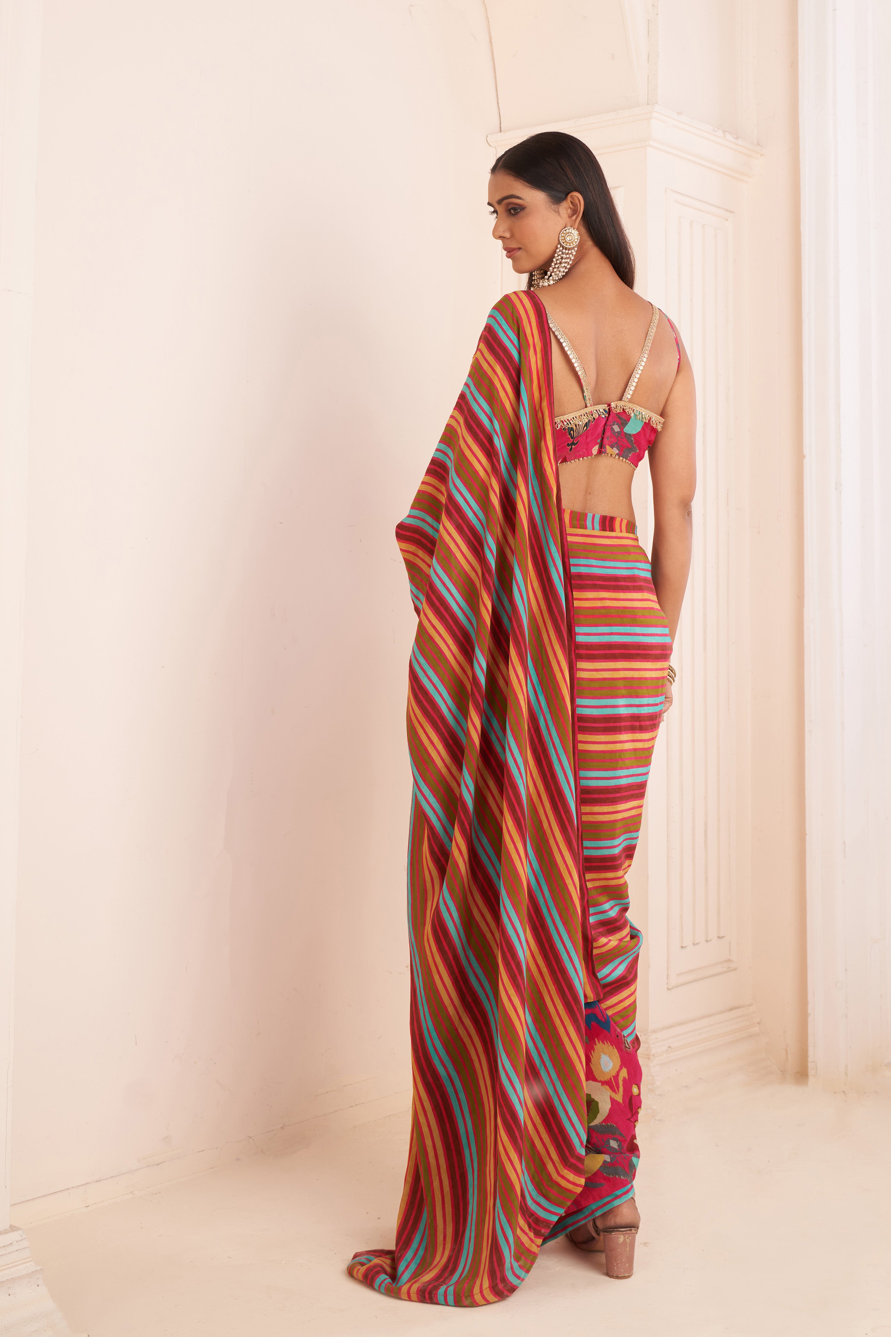 Pink Striped Pre Drape Saree With Embroidered Bustier