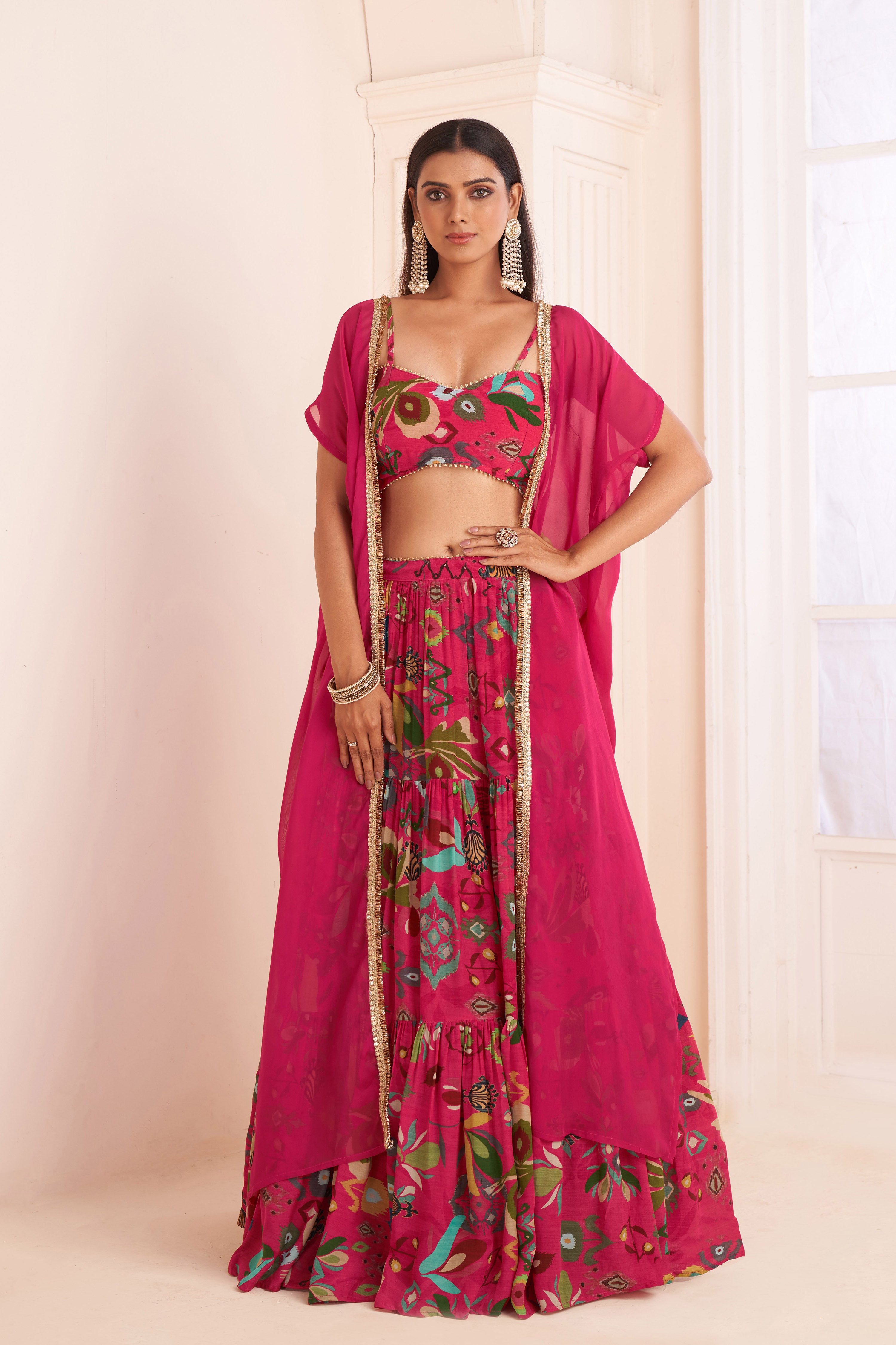 Hot Pink Layered Lehenga Set With Jacket
