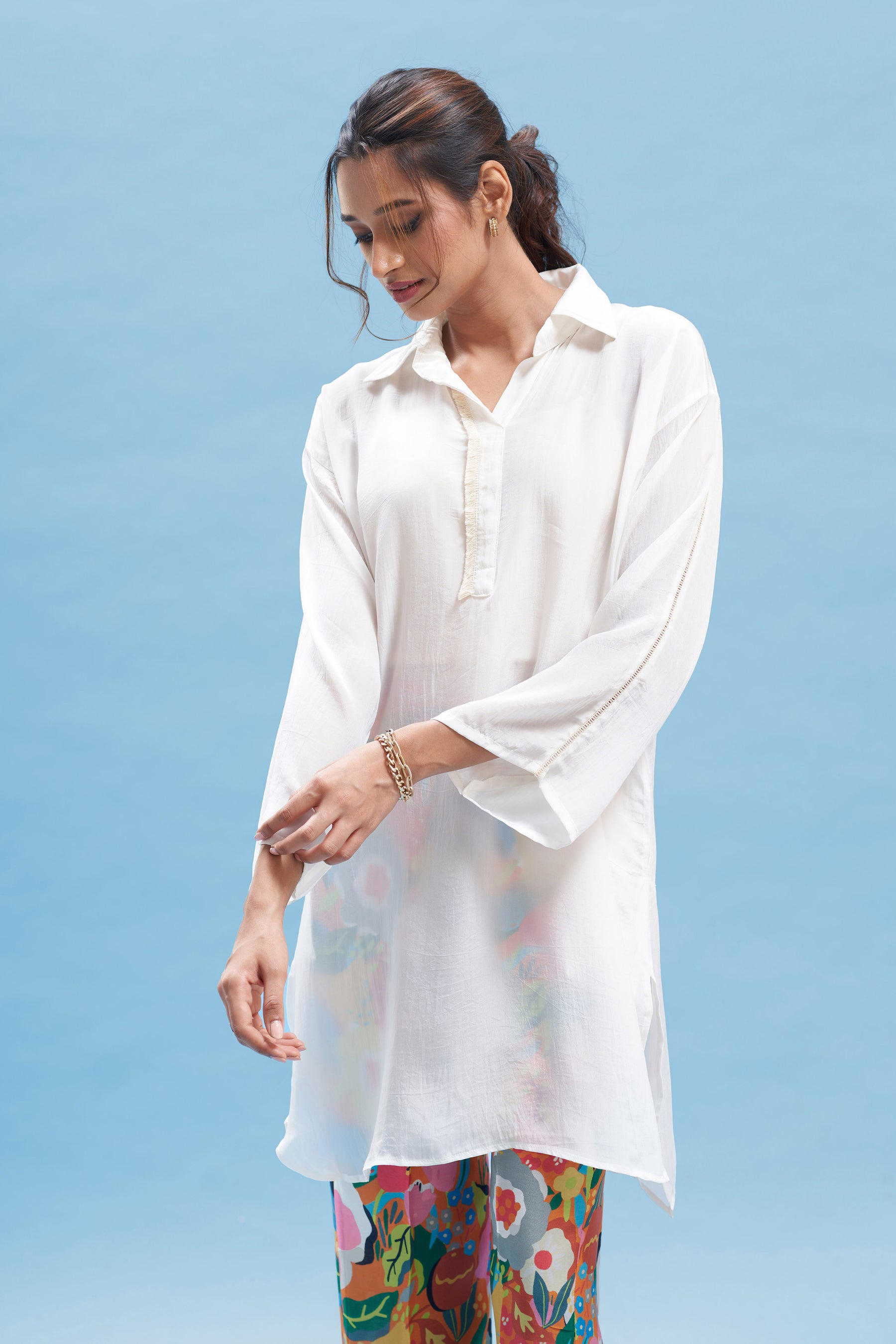White Kimono Shirt And Printed Pant Set