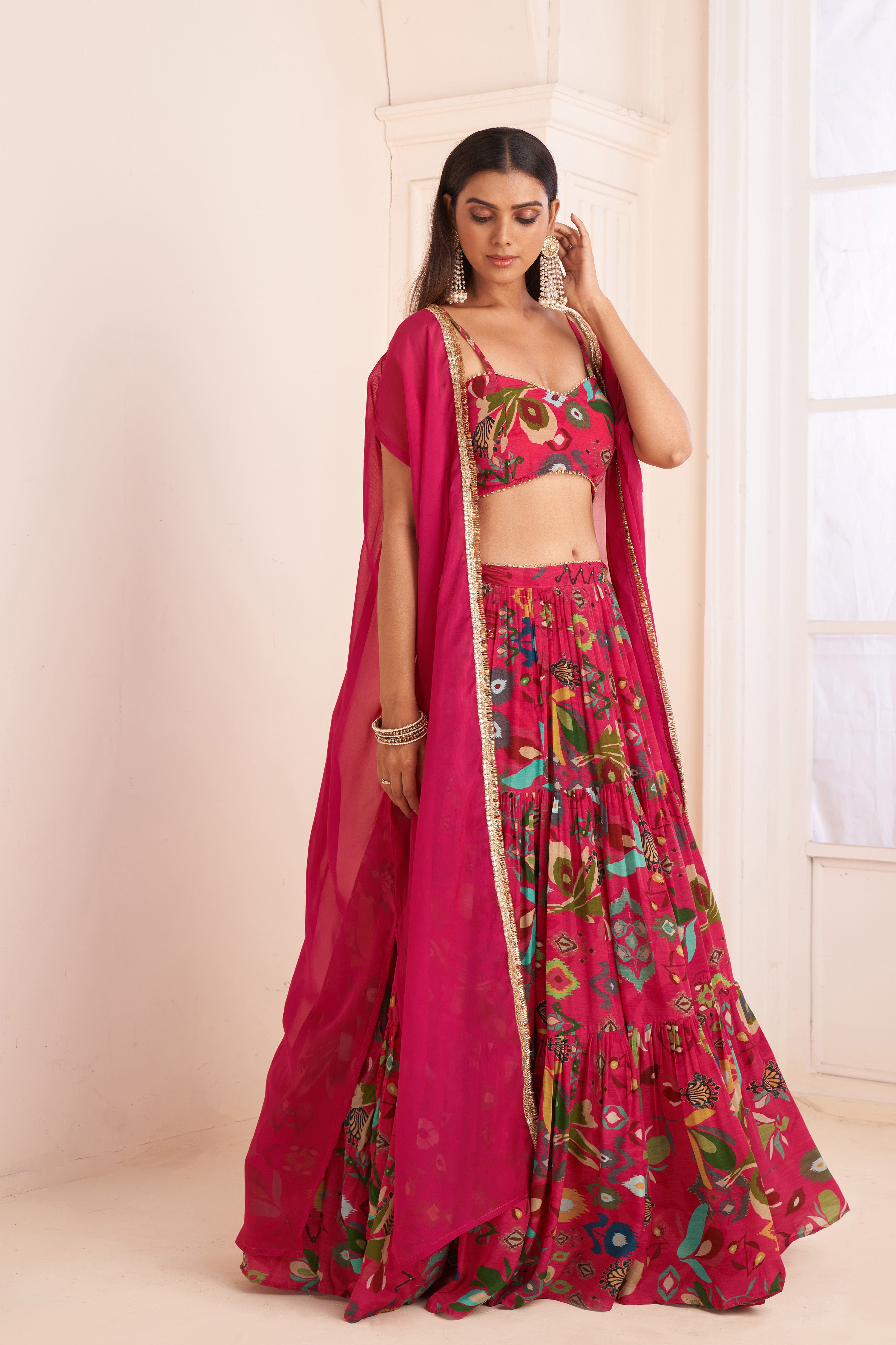 Hot Pink Layered Lehenga Set With Jacket