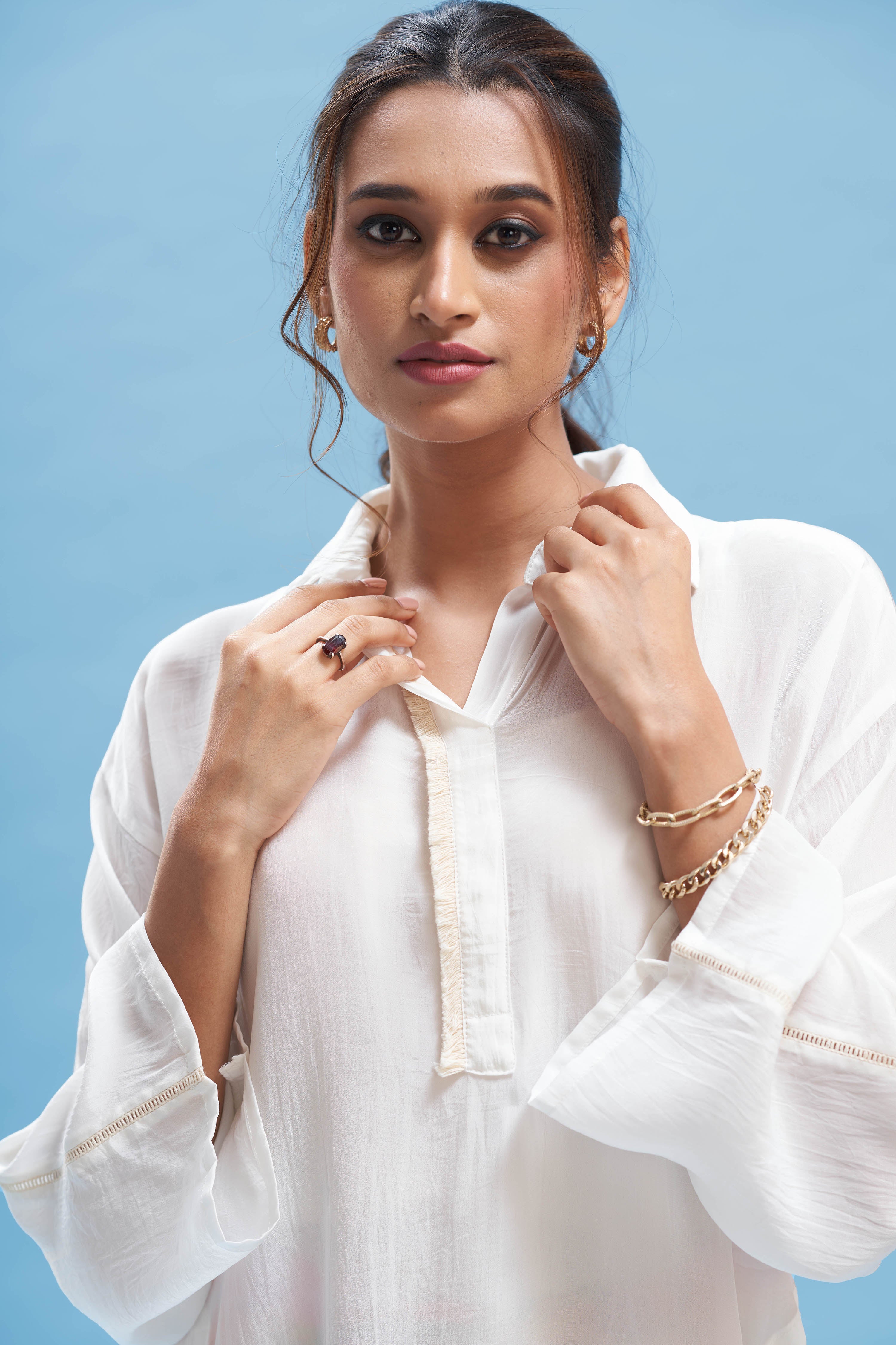 White Kimono Shirt And Printed Pant Set