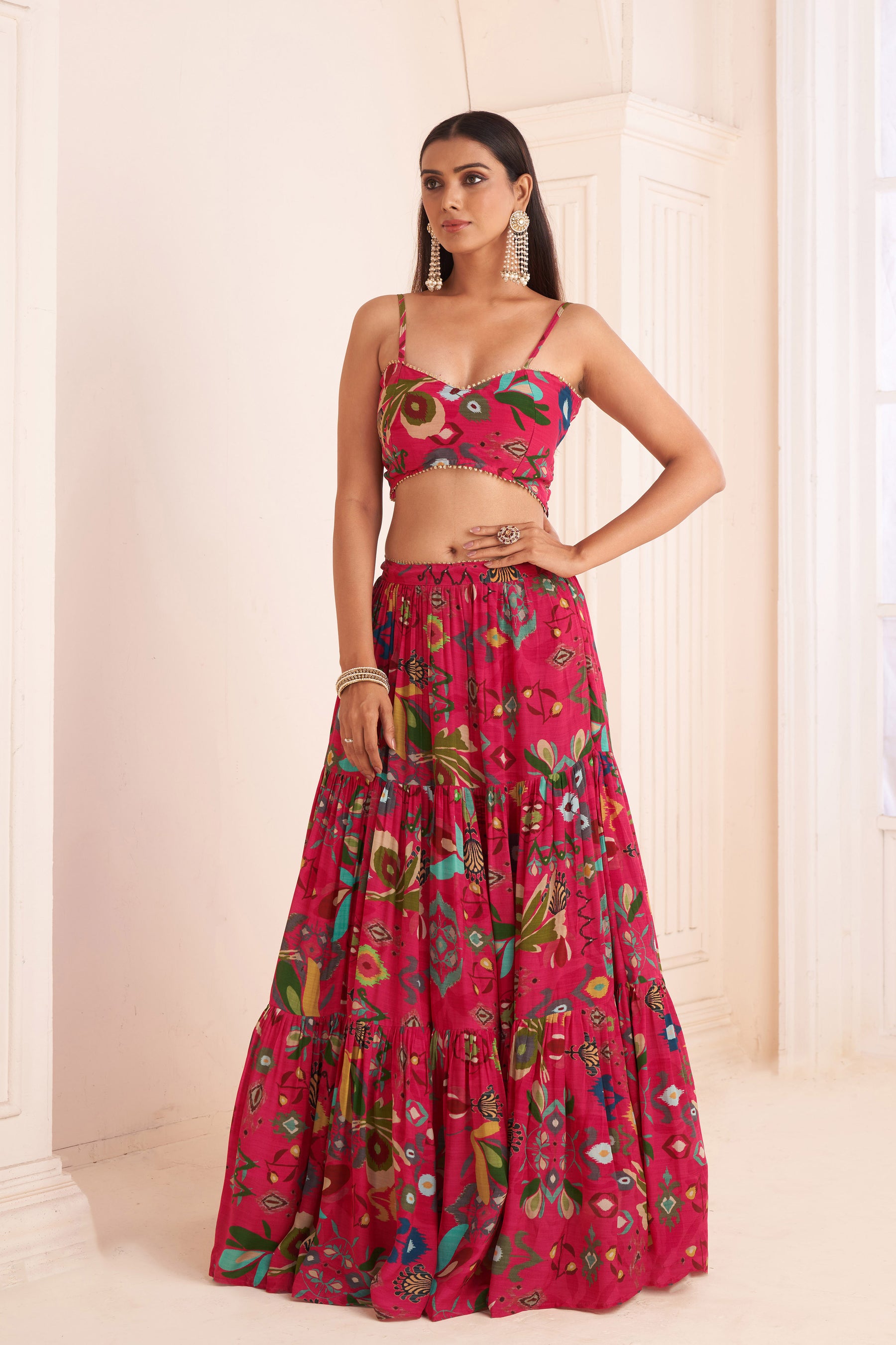 Hot Pink Layered Lehenga Set With Jacket