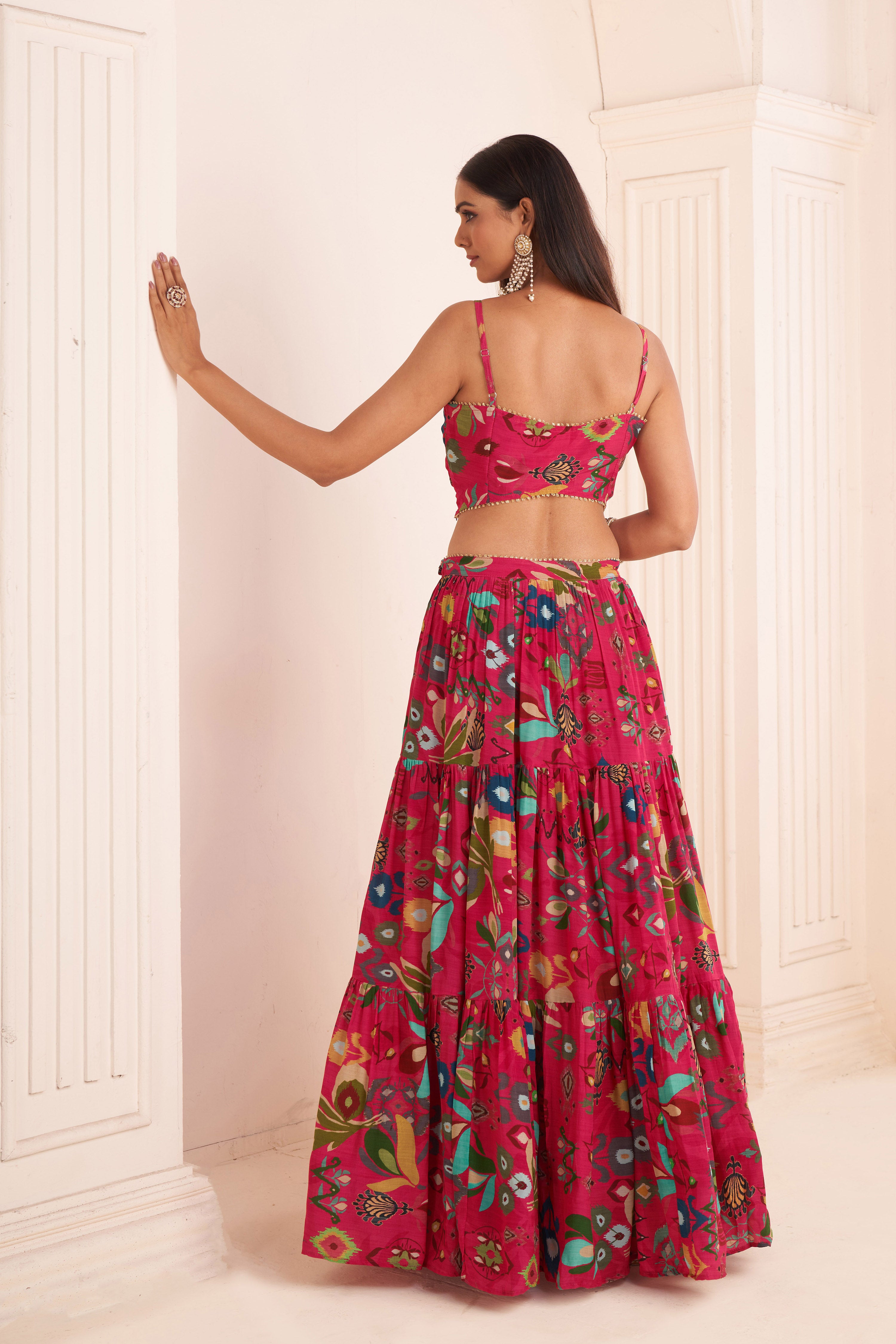 Hot Pink Layered Lehenga Set With Jacket