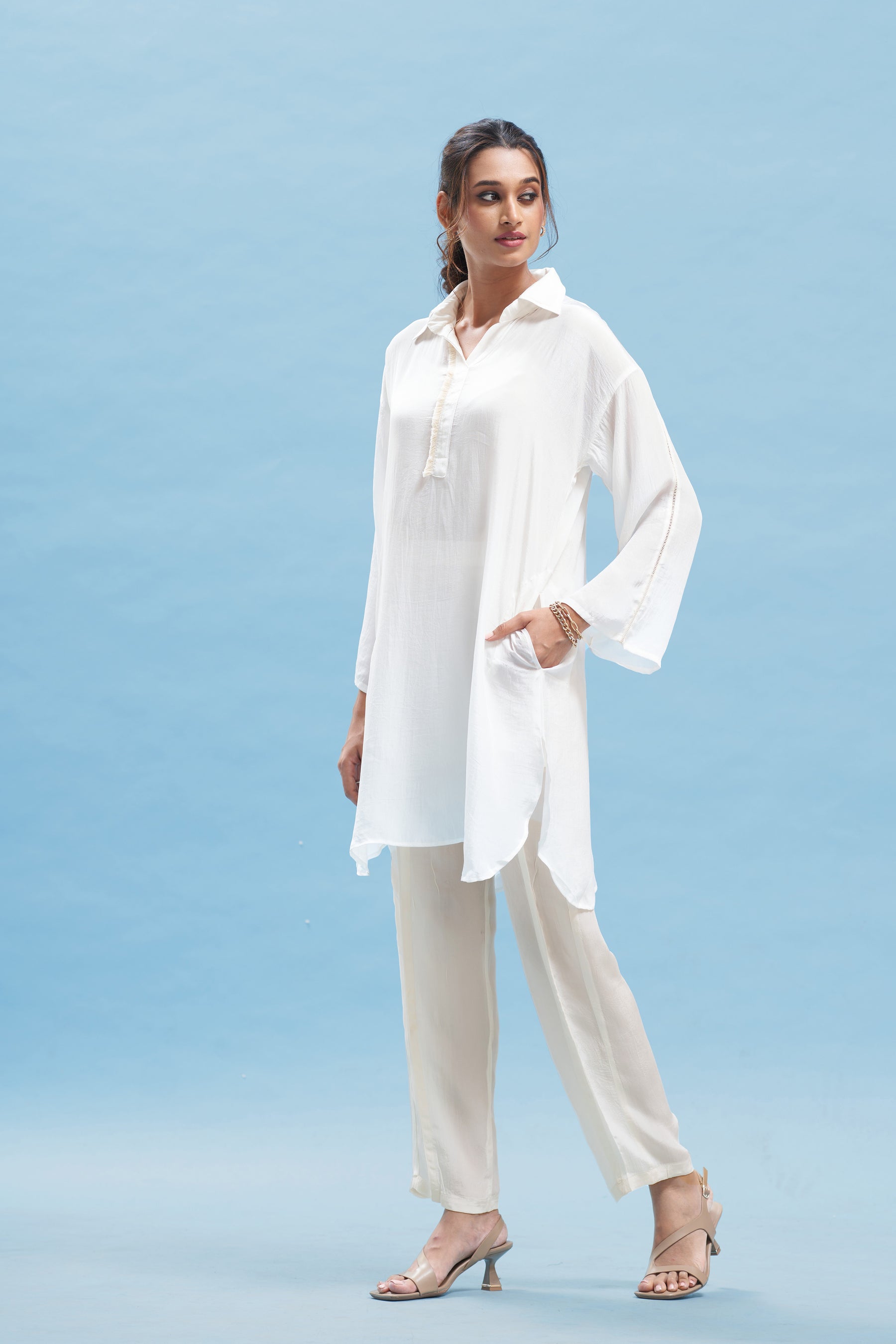 White kimono Shirt And Beige Pant Set