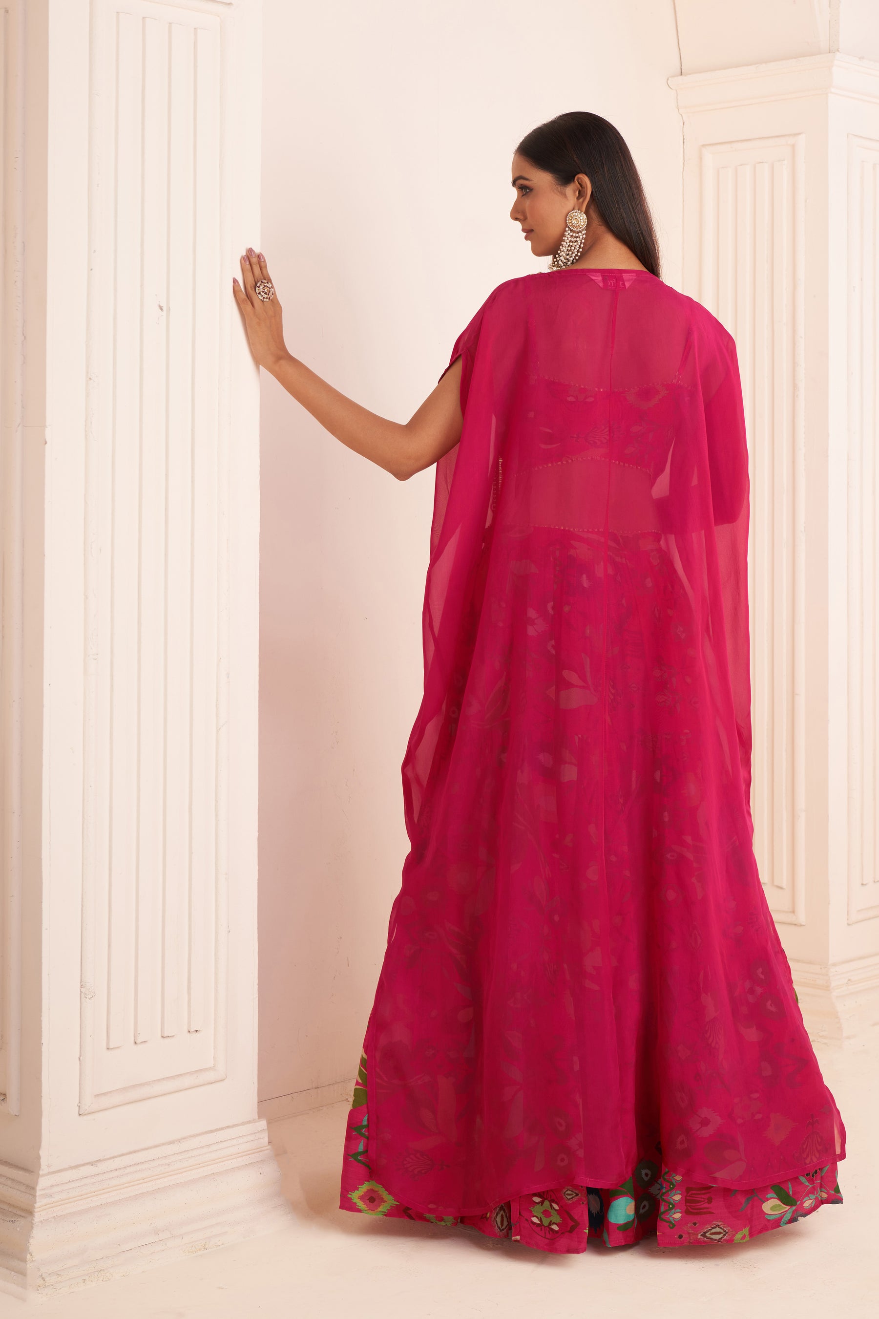 Hot Pink Layered Lehenga Set With Jacket