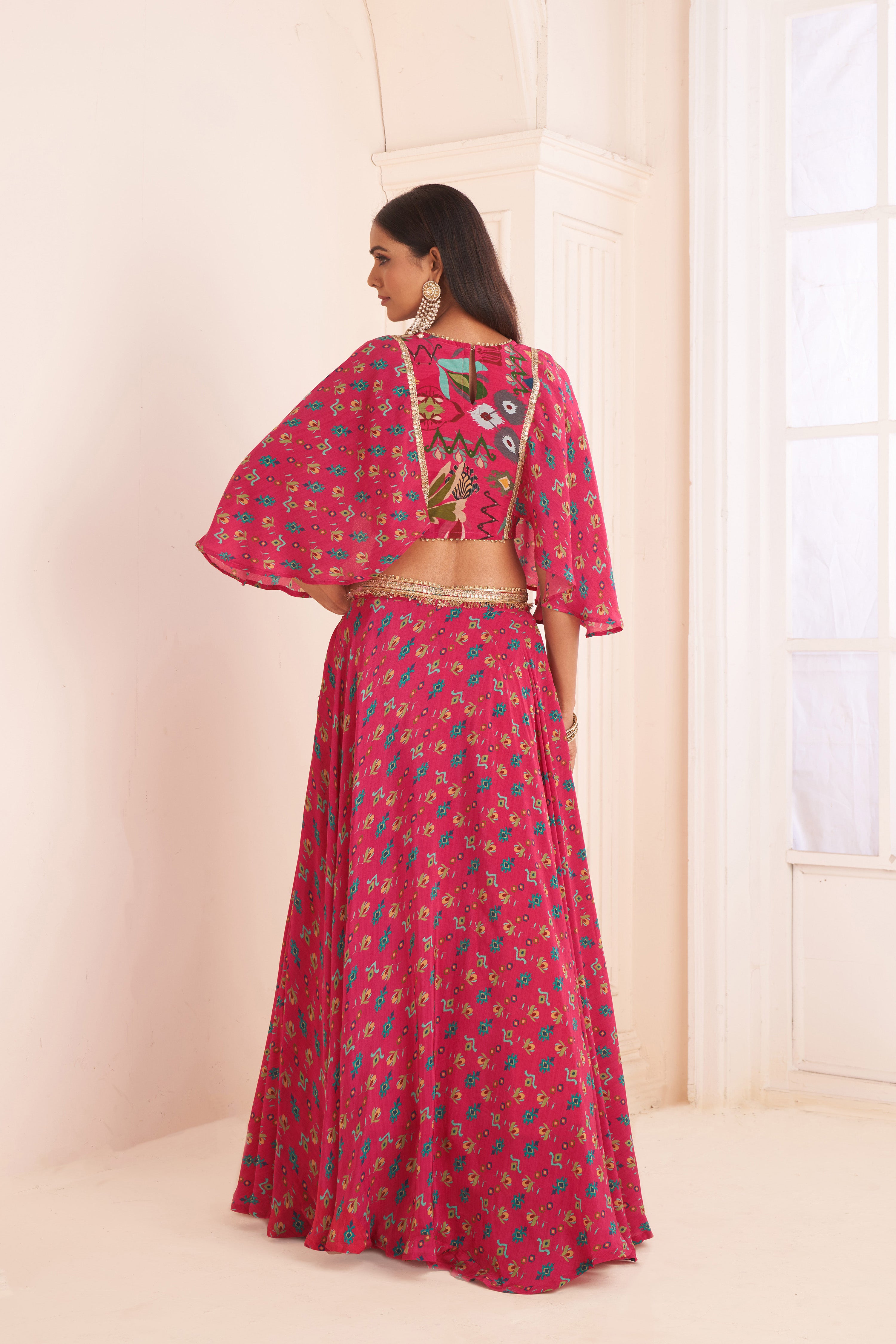 Hot Pink Printed Lehenga With Cape Blouse