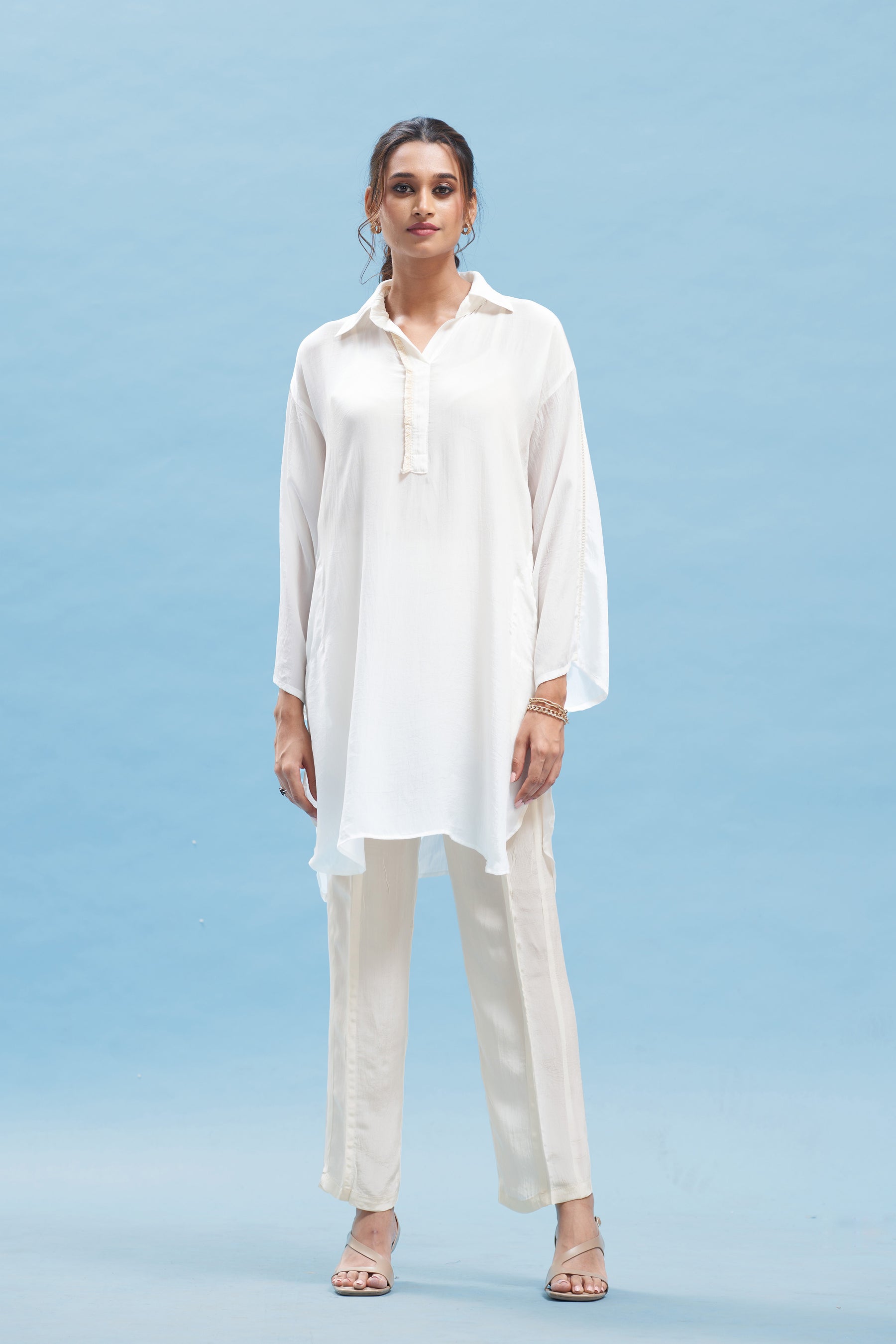 White kimono Shirt And Beige Pant Set