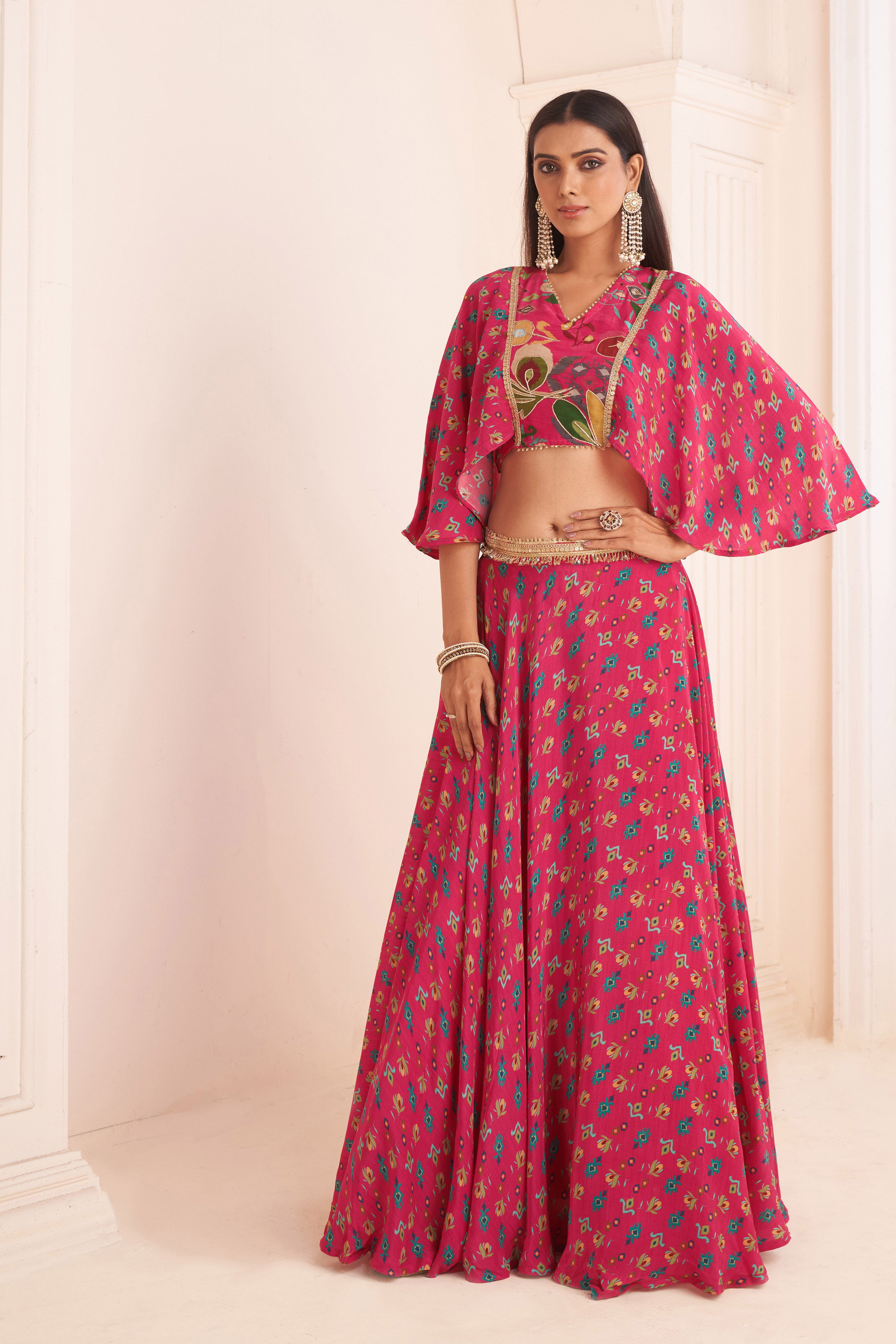 Hot Pink Printed Lehenga With Cape Blouse