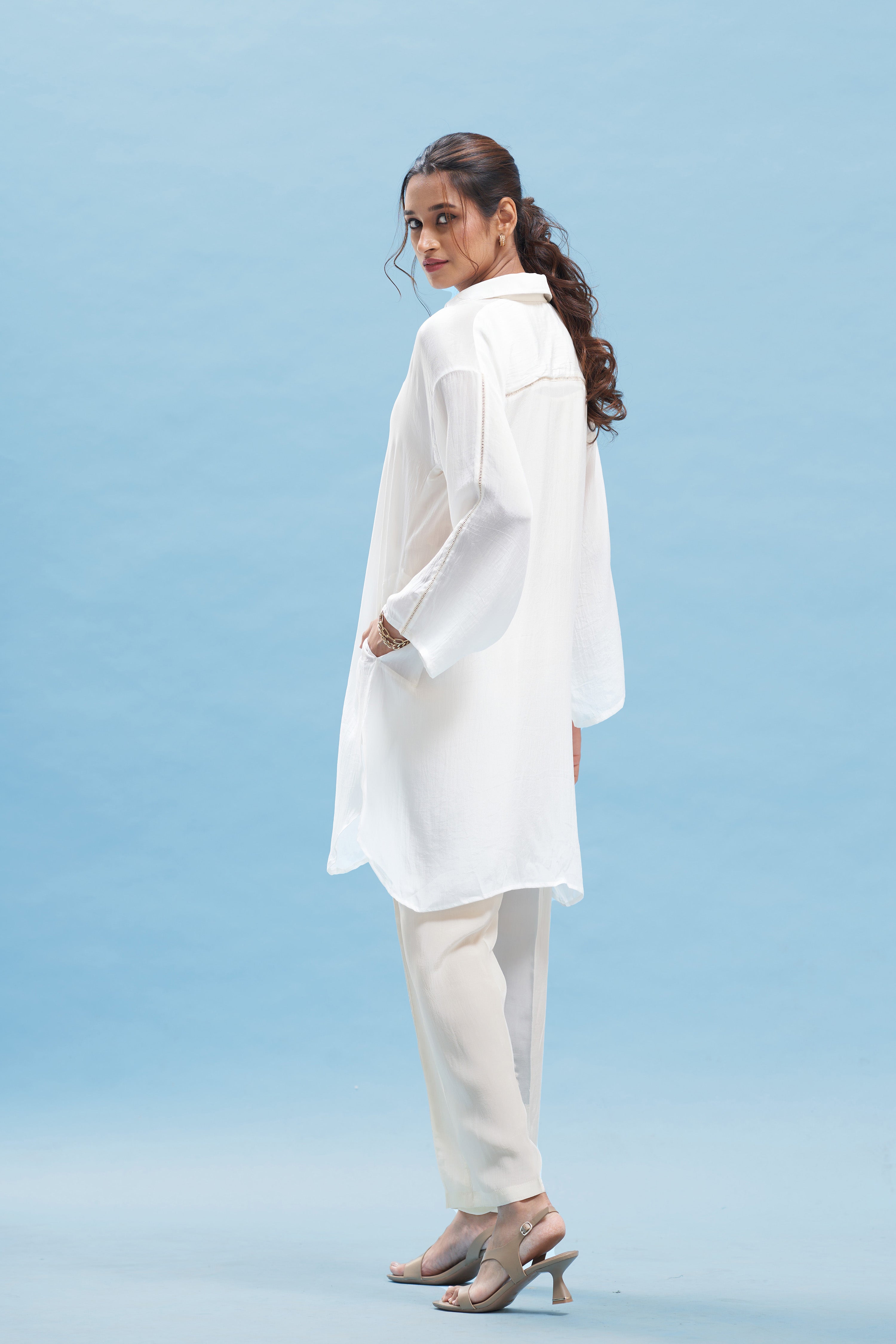 White kimono Shirt And Beige Pant Set