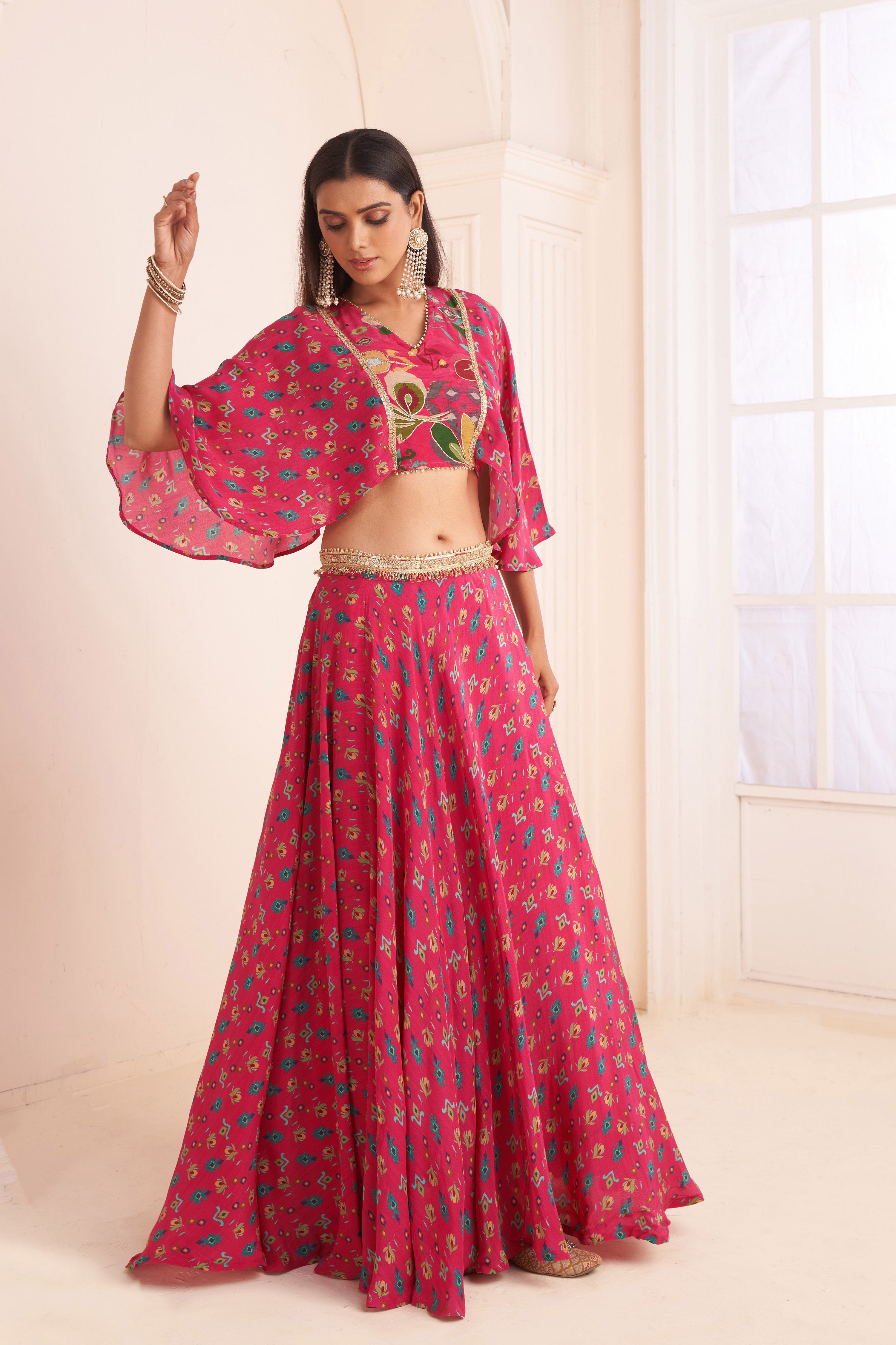 Hot Pink Printed Lehenga With Cape Blouse
