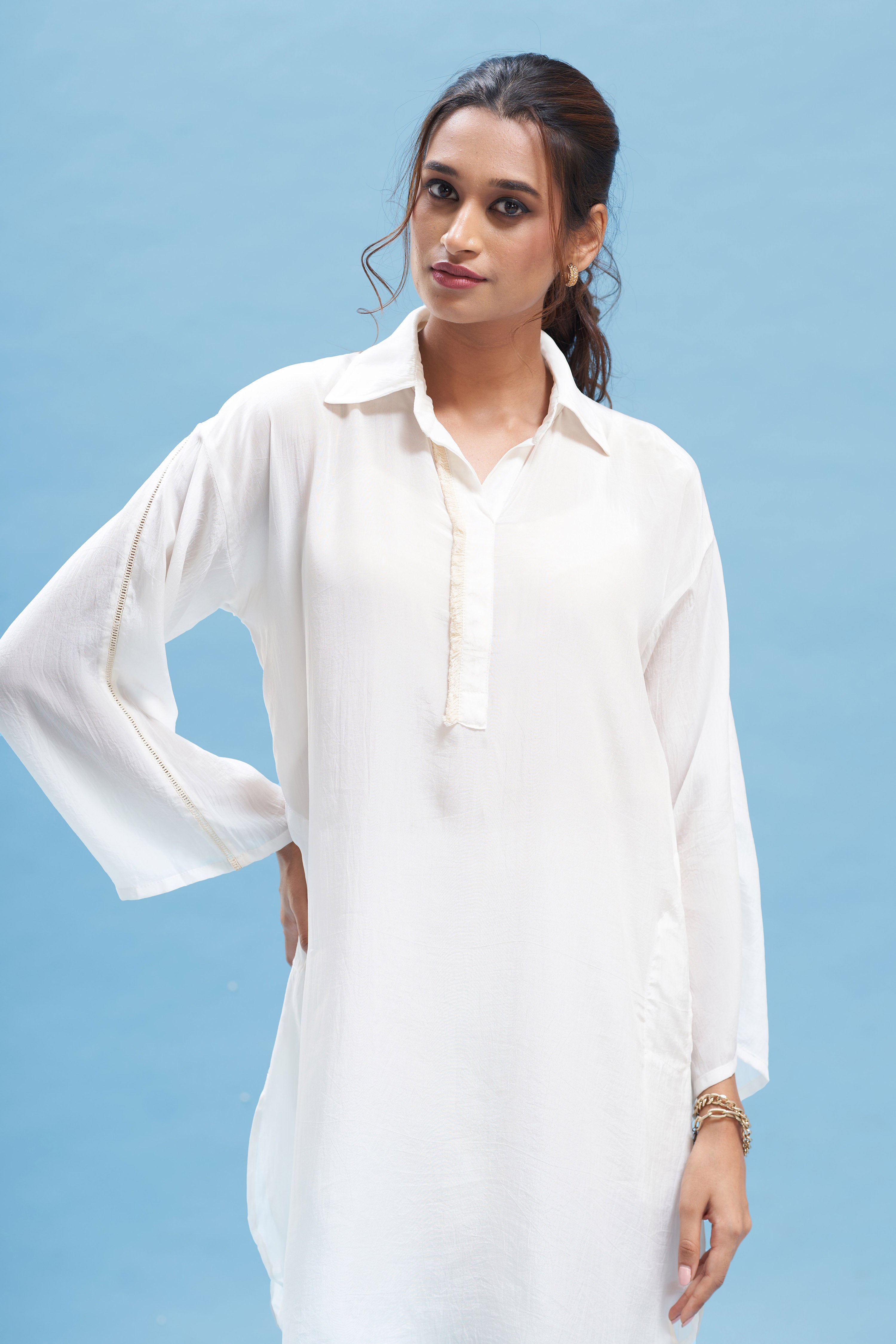 White kimono Shirt And Beige Pant Set