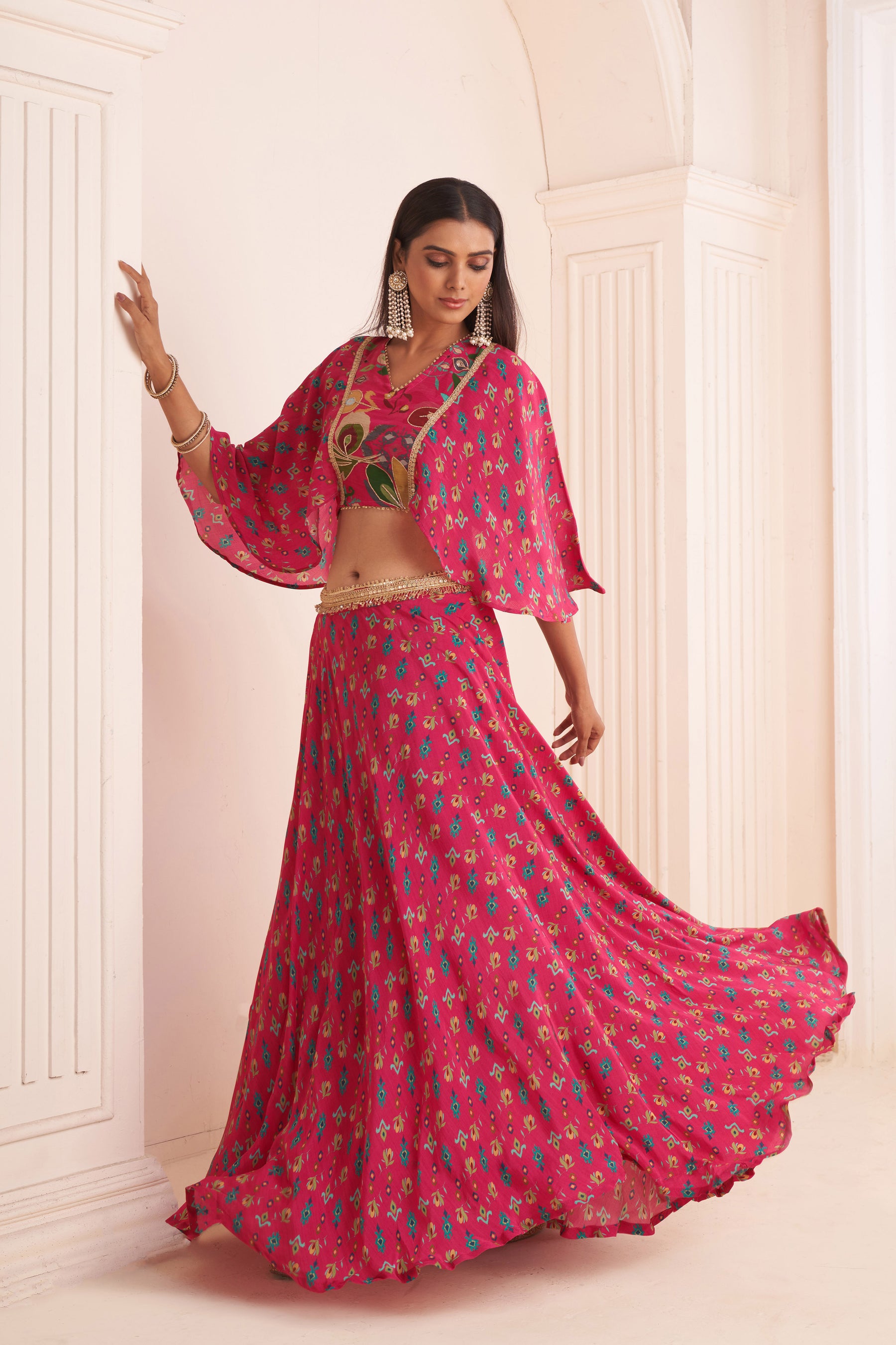 Hot Pink Printed Lehenga With Cape Blouse